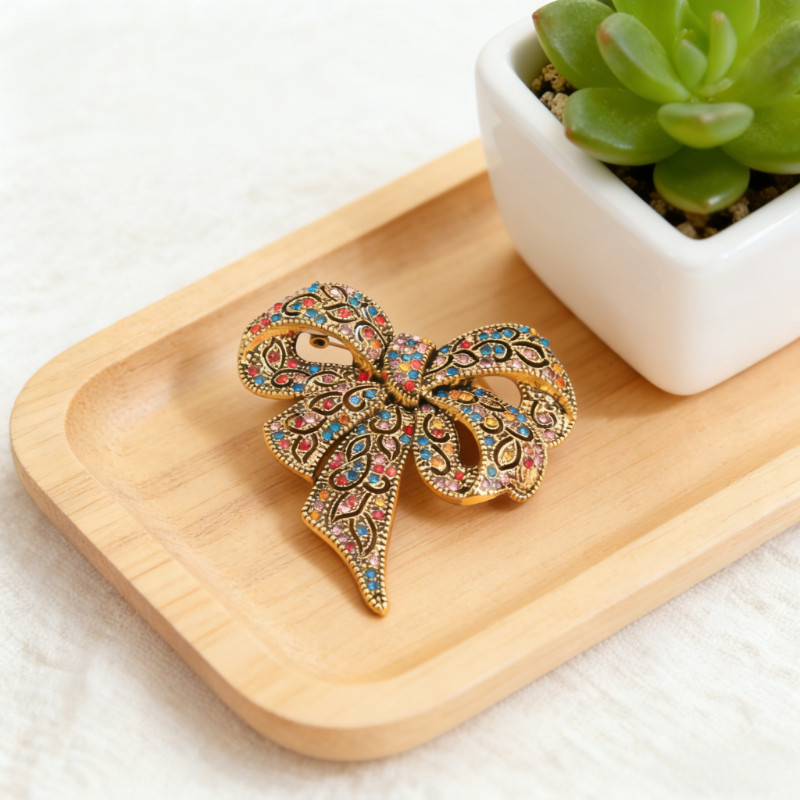 Sparkling Bow Brooch Enamel Rhinestone Pin Elegant Daily Wear Party Gift