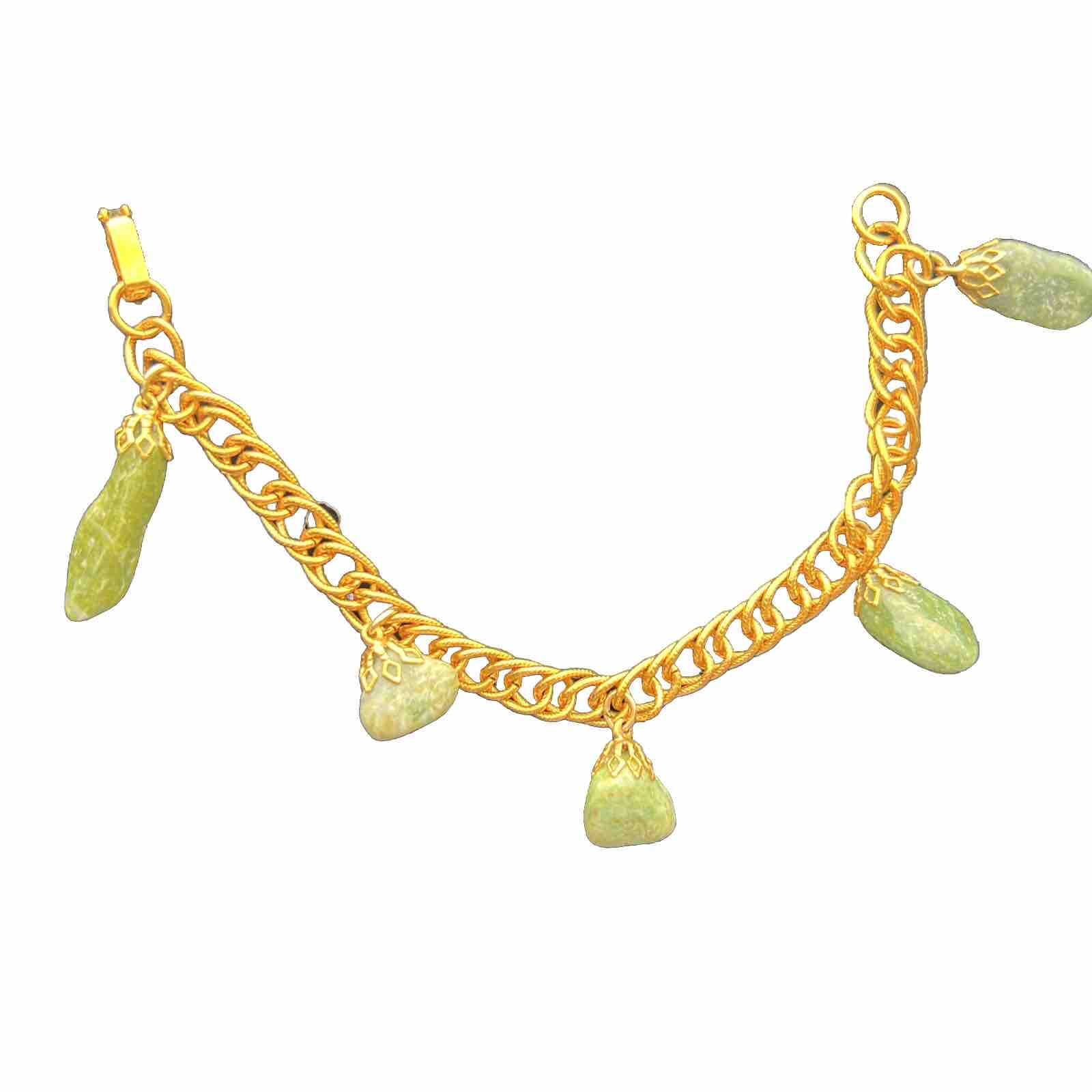 Vintage Gold Tone Chain Bracelet With 5 Green Stone Charms Different Shapes 7”