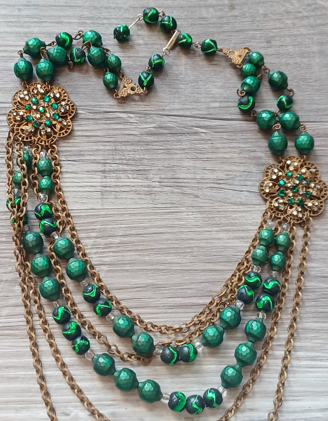 Vintage Hobe Green Glass Foil Bead Brass Swag Bib Necklace