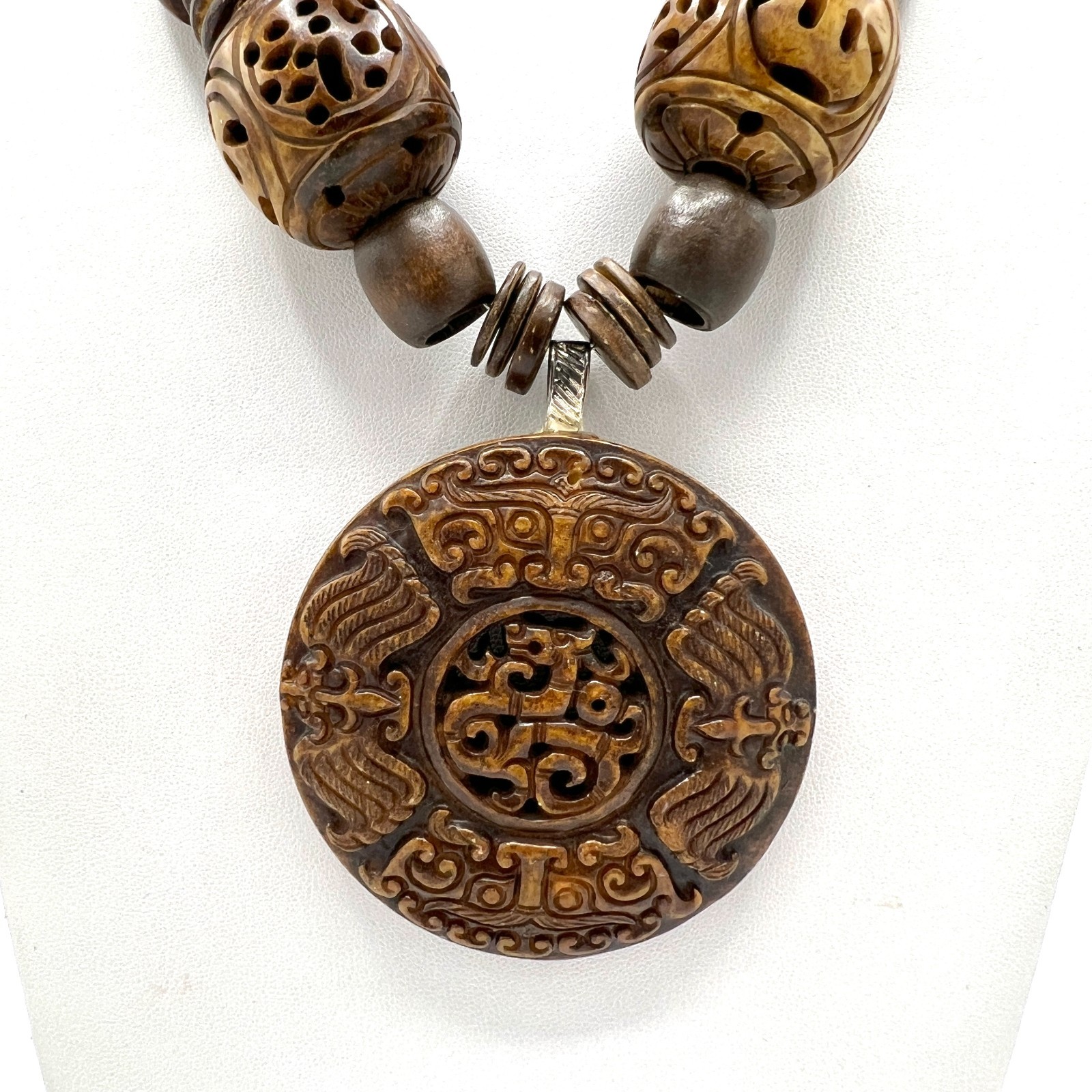 Chunky Vtg Artisan Carved Wood Bead Necklace-Asian Style Ceramic Medal Pendant