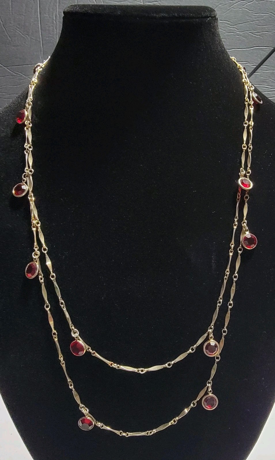 Vintage Gold Tone Red Resin Station Necklace Bezel Set Dangle Link