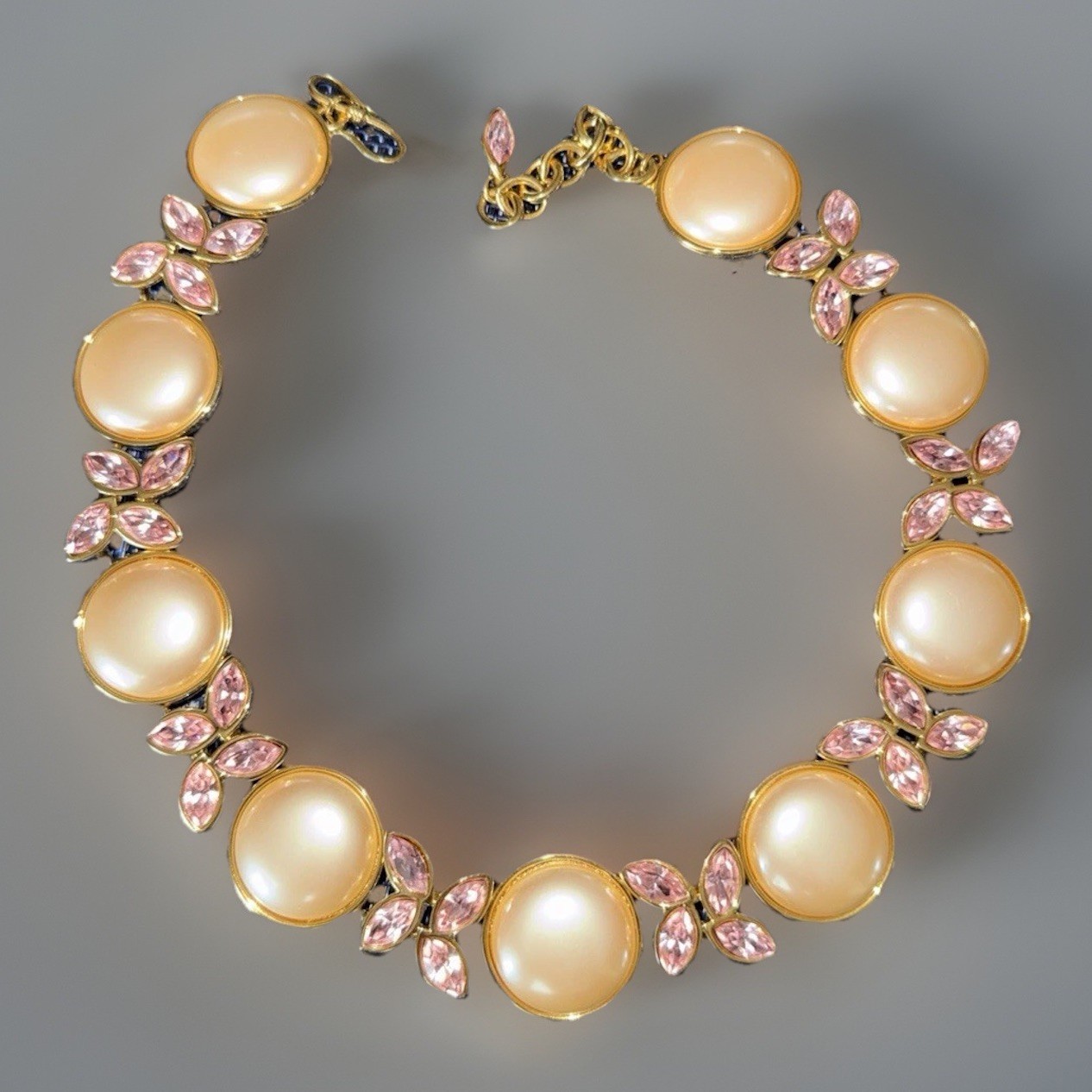 Vintage Monet Runway Necklace Faux Pearls Pink Crystal Gold Tone Statement