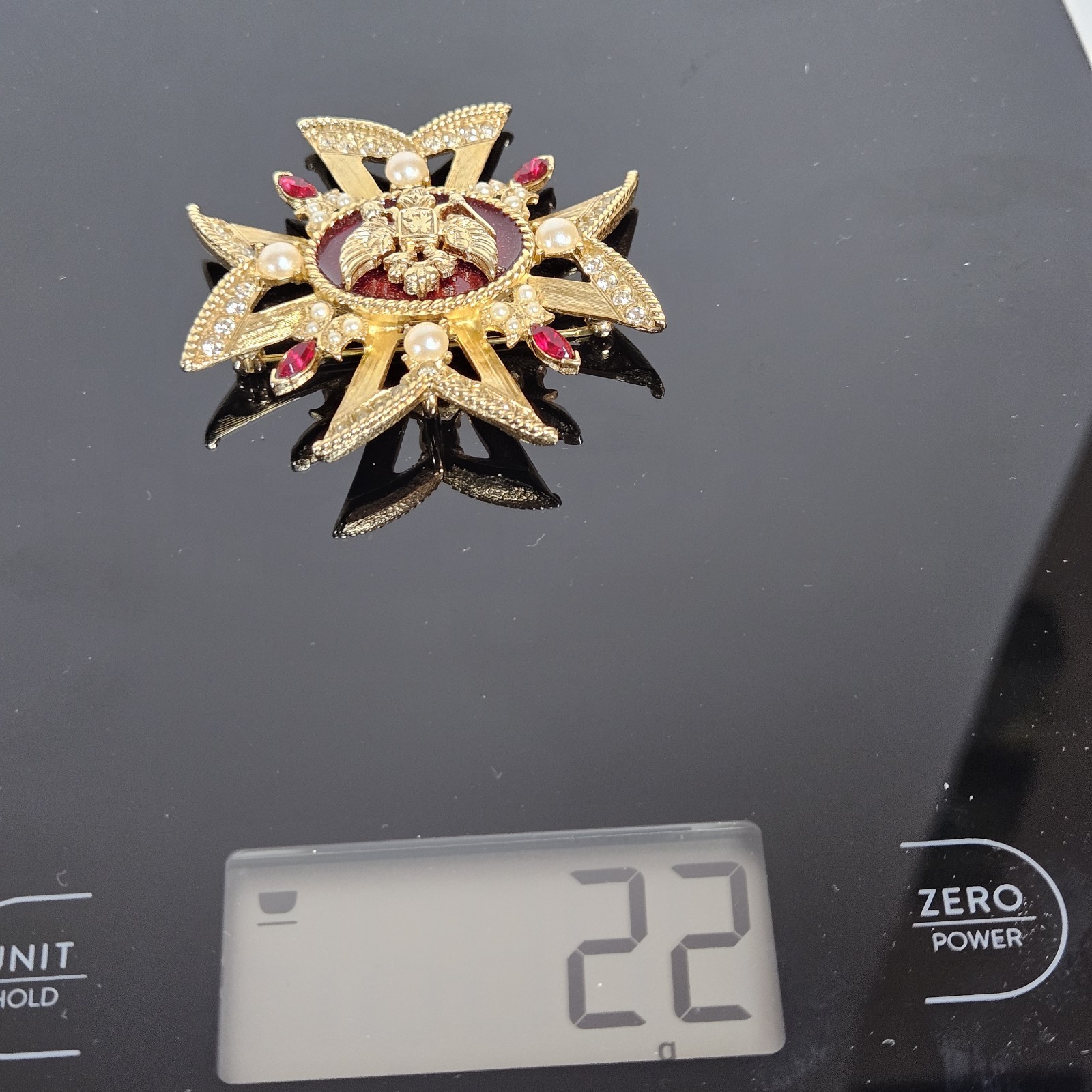 Vintage Maltese Cross Pendant Brooch Gold Red Enamel Pearls Crystals Statement
