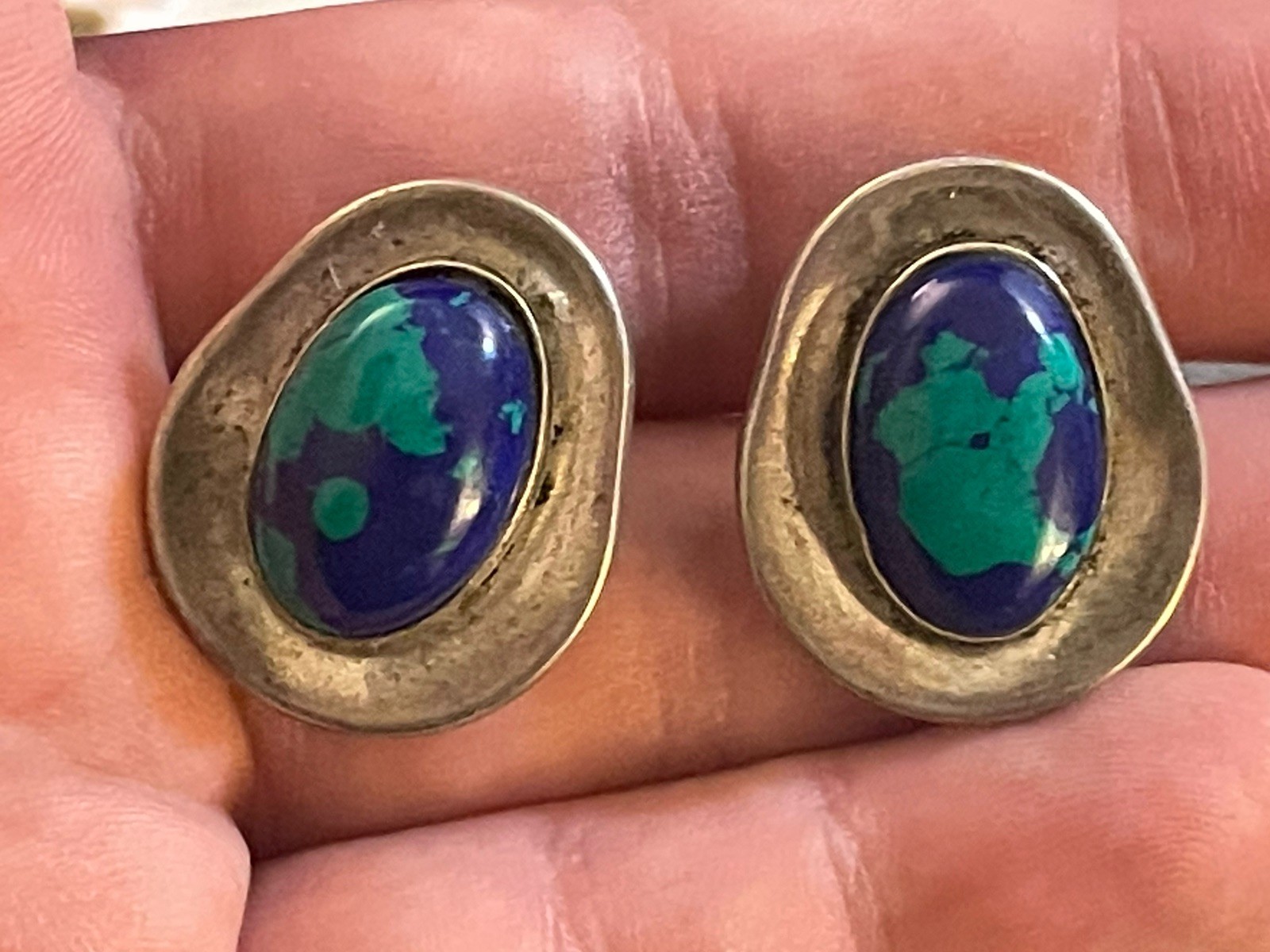 Vintage Sterling Azurite Heavy Clip On Earrings Mexico 925 TH-97 *See Pics/Notes