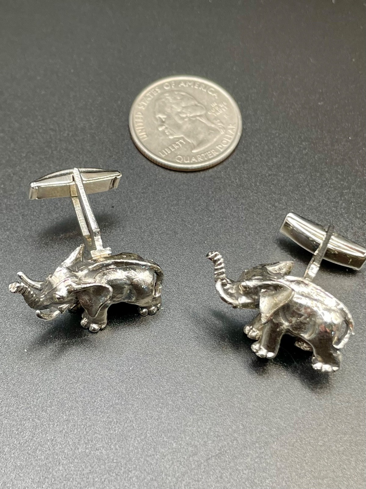 Vintage 3D Elephant Silver Tone Detailed Trunk Up Good Luck Mascot Cufflinks