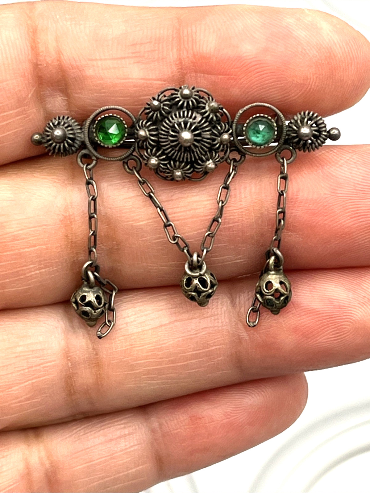 Antique 800 Silver Green Paste Cannetille Dangle Bar Pin 1.5″