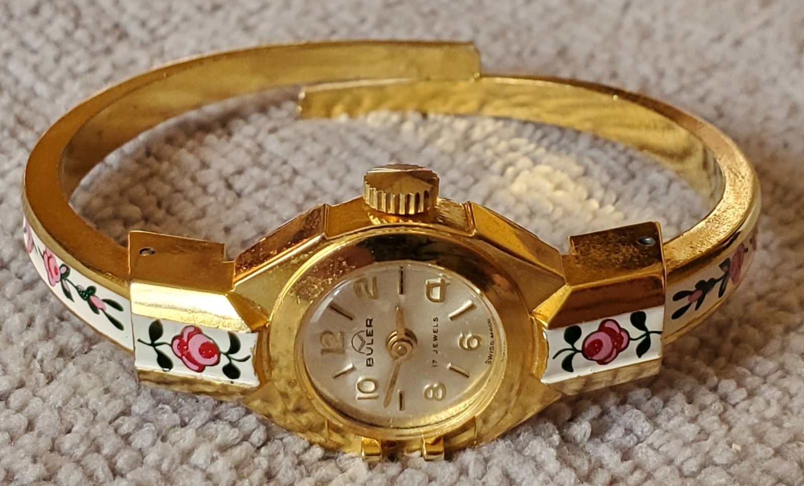 Vintage Buler Manual Gold Plate Enamel Rose Bracelet W/Face Cover Needs Repairs