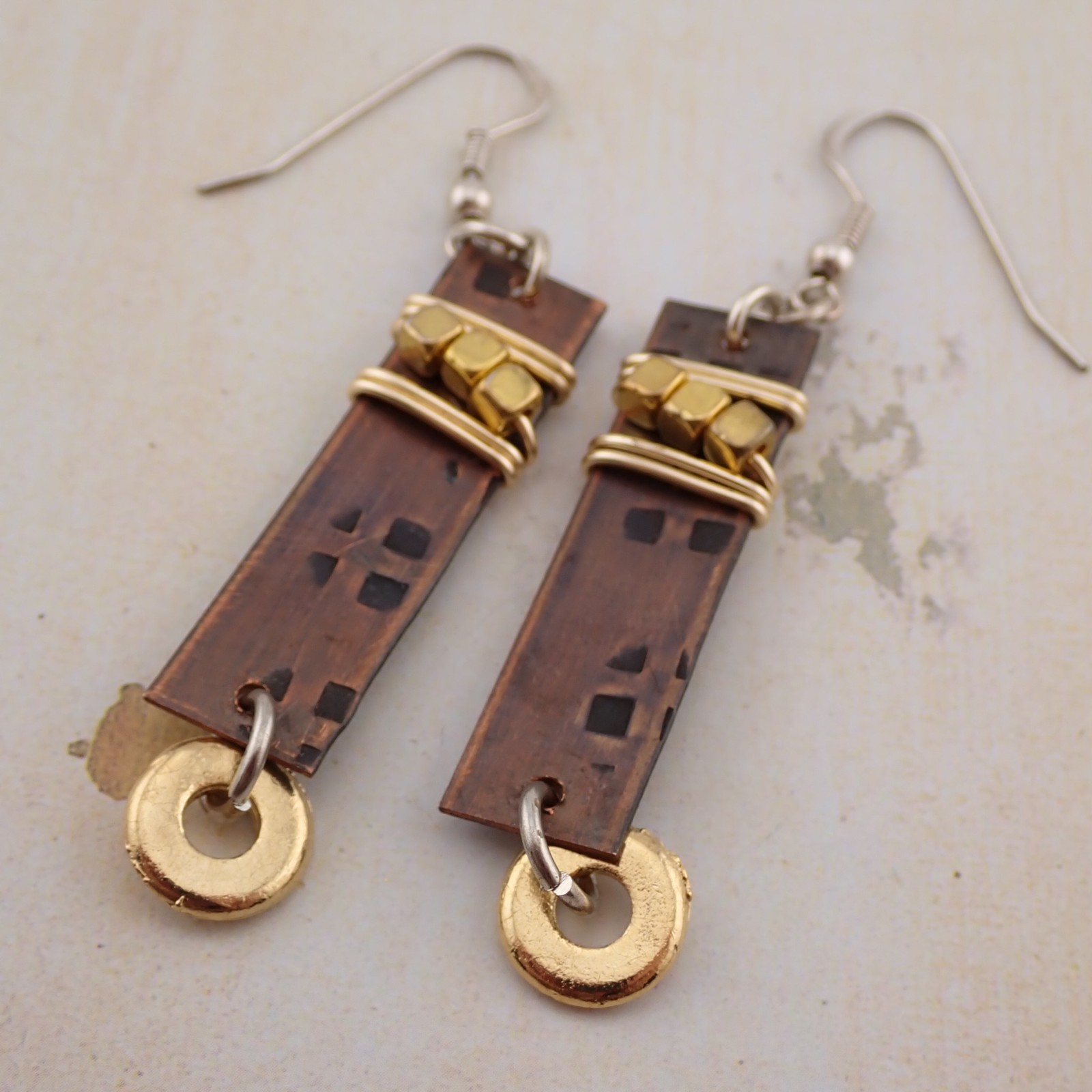 Vintage Artisan Modern Sterling Silver Wires Mixed Metal Dangle Pierced Earrings
