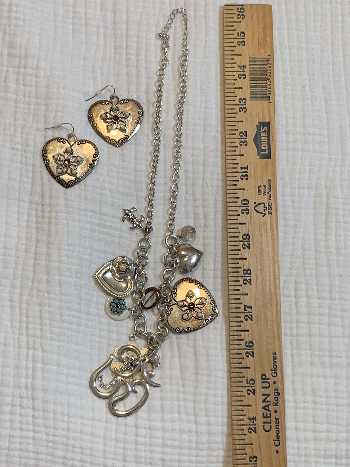 Vintage Silver Charm Necklace Earrings Set Hearts Flowers Beads Boho Cottagecore