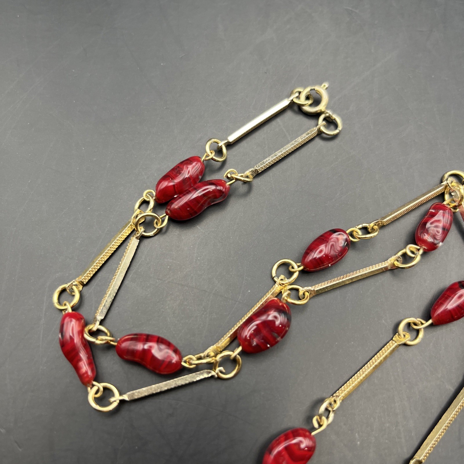Long Art Glass Station Necklace Bar Link Red Gold Tone 26 Inch Classic Vintage