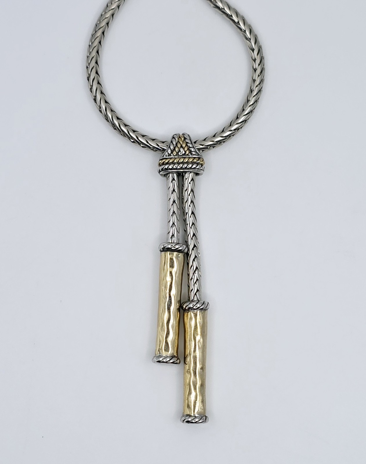 Vintage Two Tone Lariat Tassel Necklace Silver Gold Woven Snake Chain Y Collar