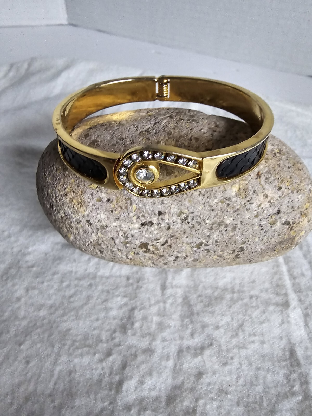 Goldtone Rhinestone Black Faux Leather Hinged Bracelet Oval Shaped 2.5″ x 2″