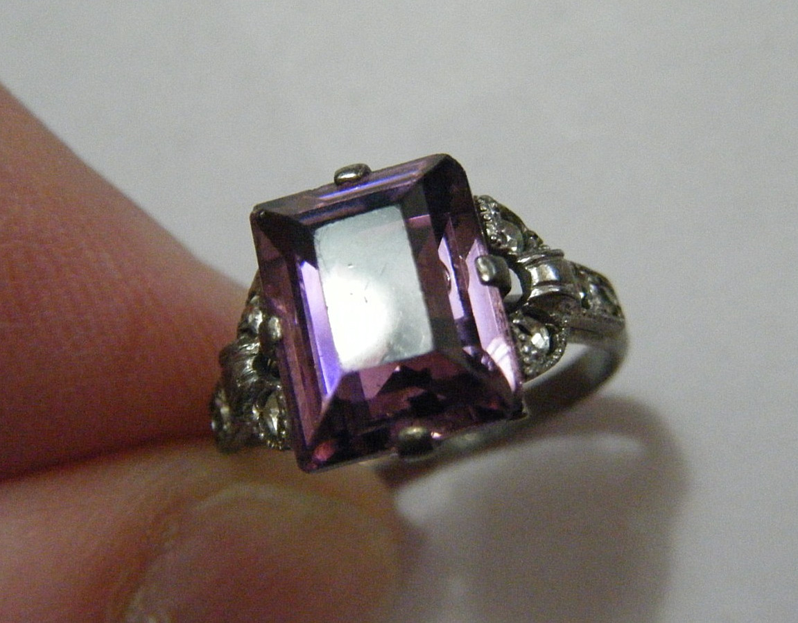 Vintage 30s Cushion Cut Amethyst Crystal Carl Art Deco Sterling Silver Ring sz 5