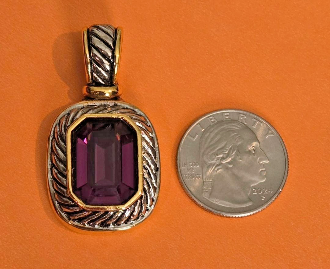 VTG. Silver/Gold-Tone HEAVY Textured Rope Design Amethyst-like Purple Pendant