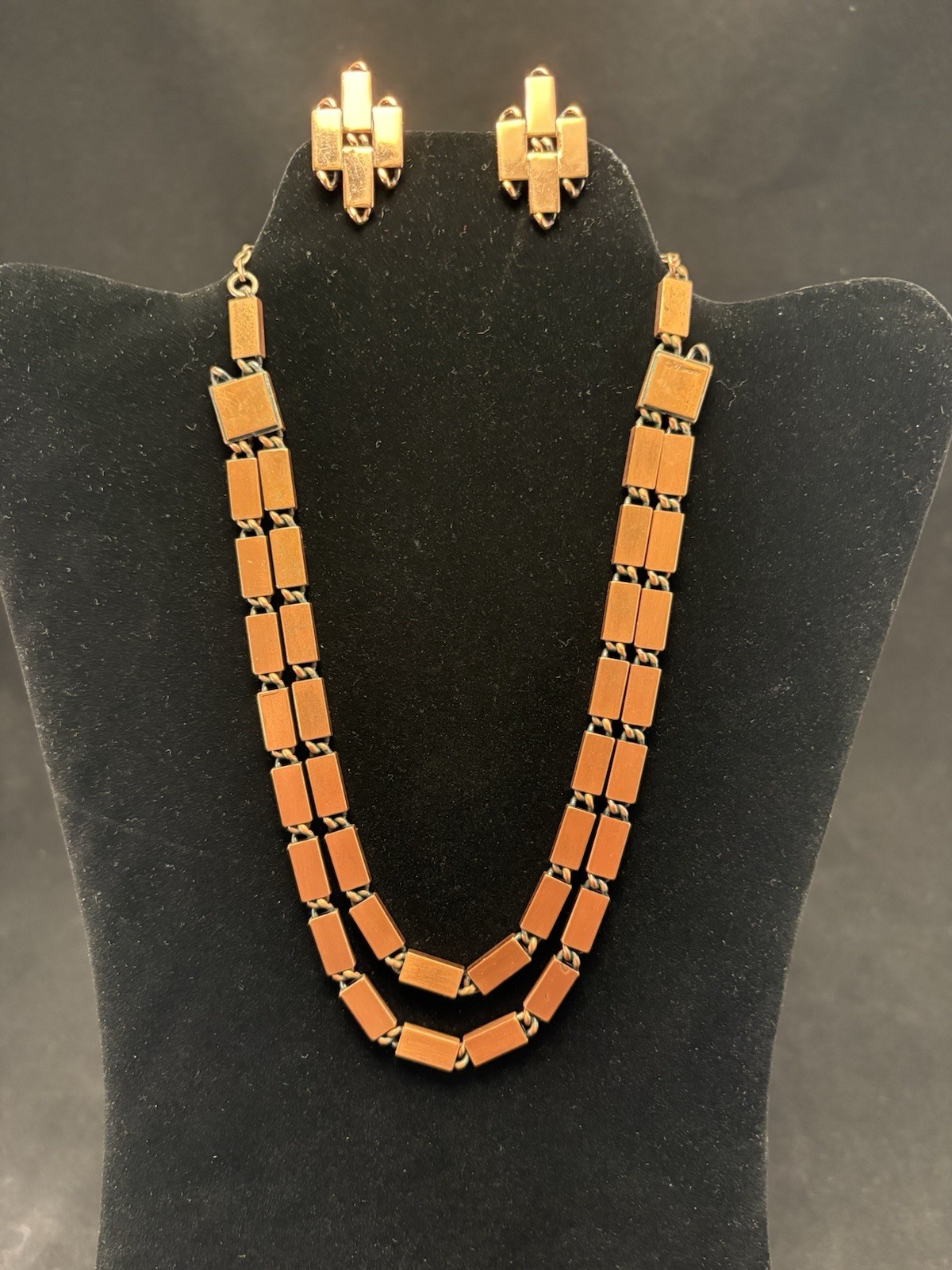 Vtg Renoir Copper 18” Rectangular Links Choker Double Necklace Clip Earring Set