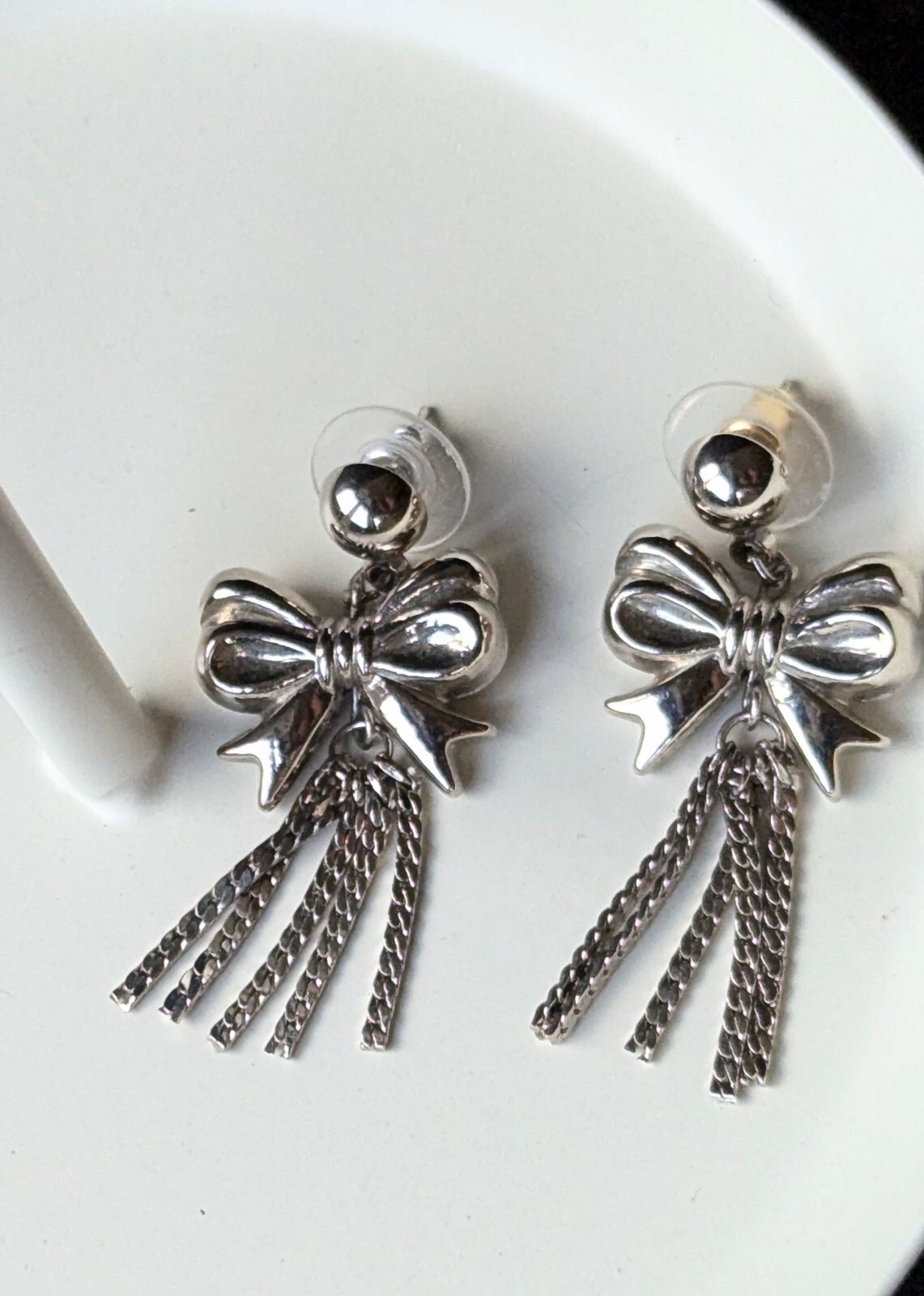 Vintage Silver Tone Ribbon Bow Tie Tassel Chain Charm Drop Stud Dangle Earrings