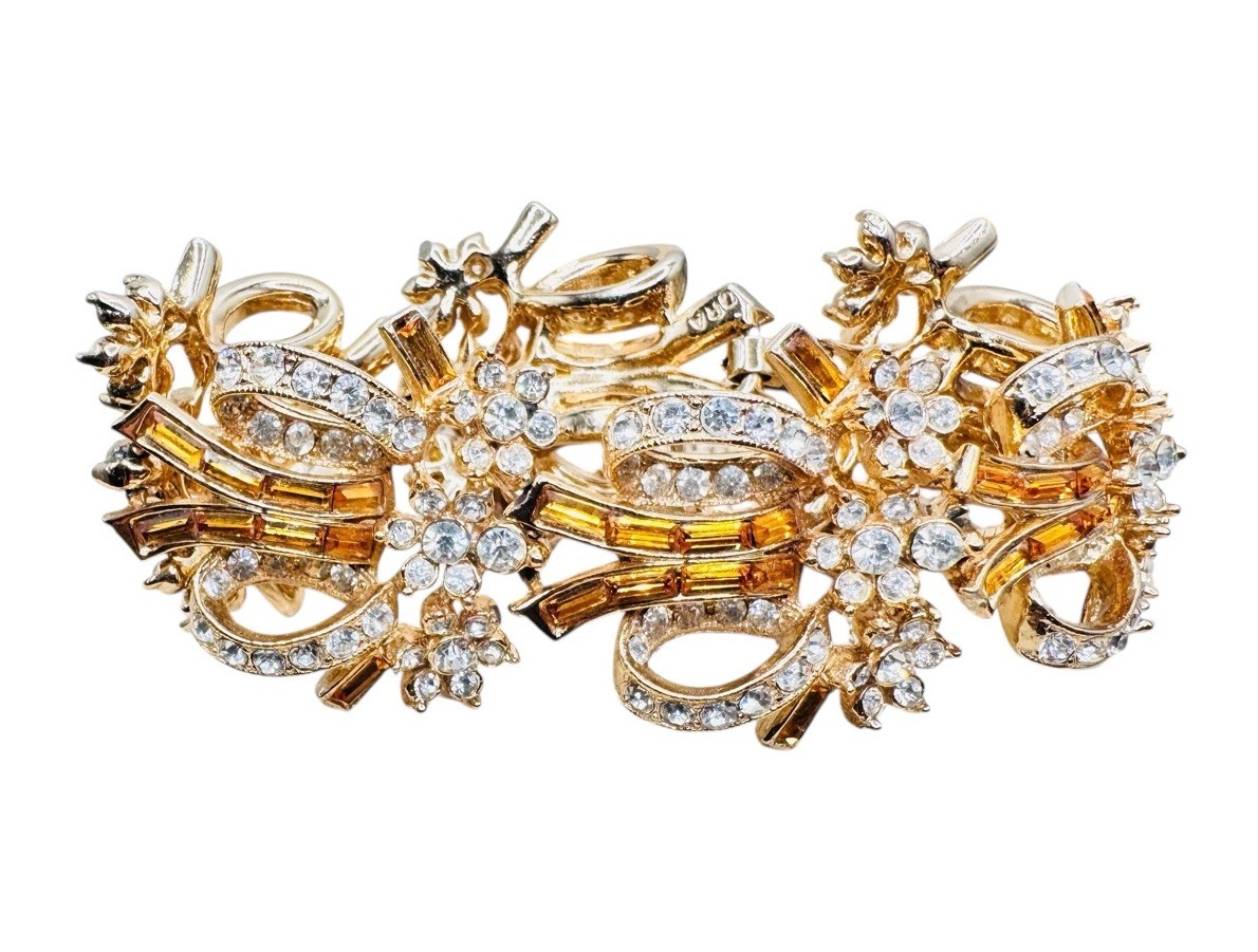 Vintage ORA Topaz Baguette Rhinestone Bracelet Stunning Ribbons & Flowers