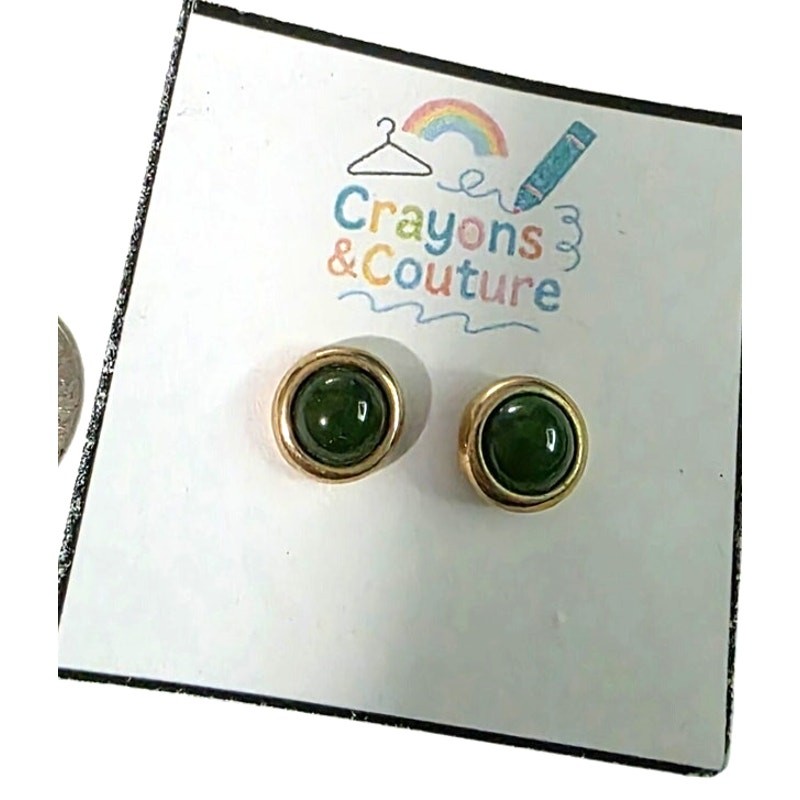 Vintage Earrings Goldtone w/Green Center Stud Pierced Minimalist GorpCore Daily
