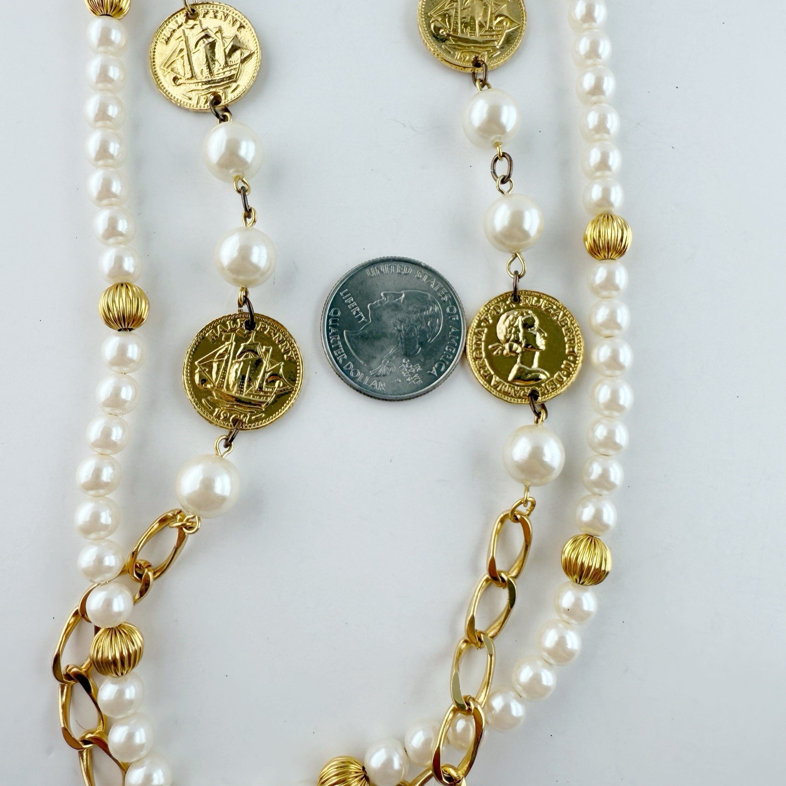 Vintage Marvella Double Strand Faux Pearl Coin Chain Link Goldtone Necklace 30”