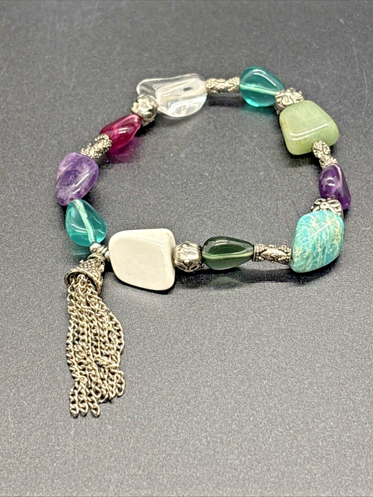 Vintage Purple, Green & White Silver Beaded Bracelet with Silver Chain Tassel