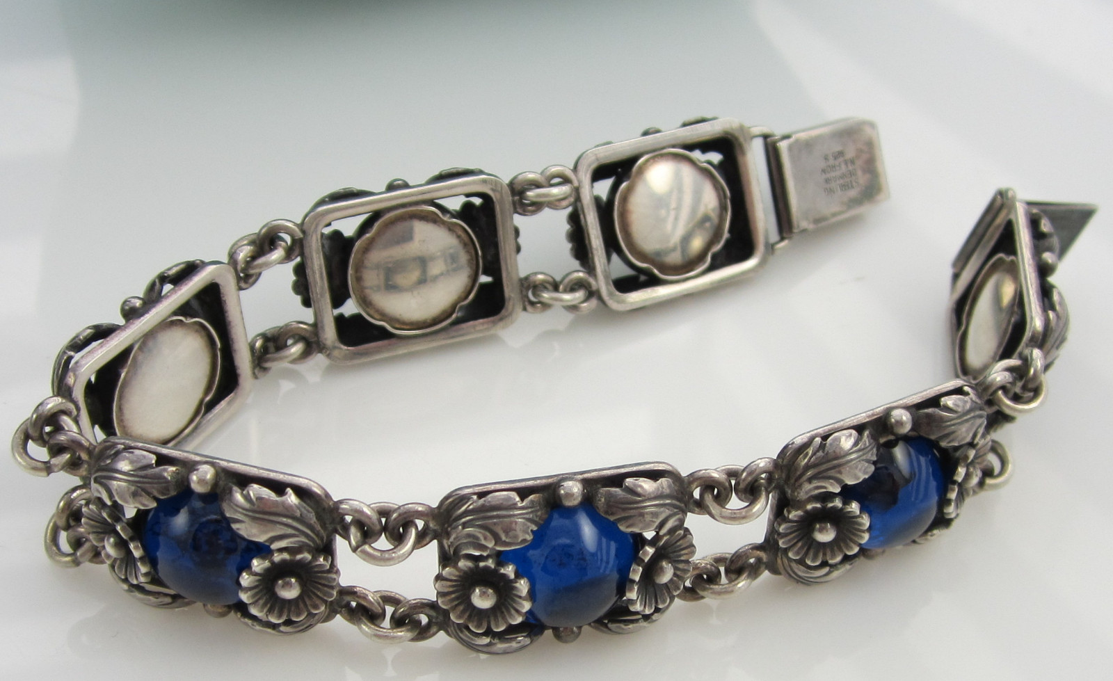 Estate Vintage Sterling Silver Blue Cabachon NIELS ERIK DENMARK Flower Bracelet
