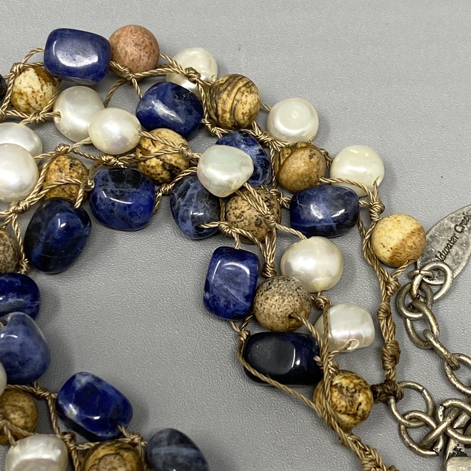 Coldwater Creek Necklace Jasper Sodalite Genuine Pearl Hand Knot Wrap Boho 20″