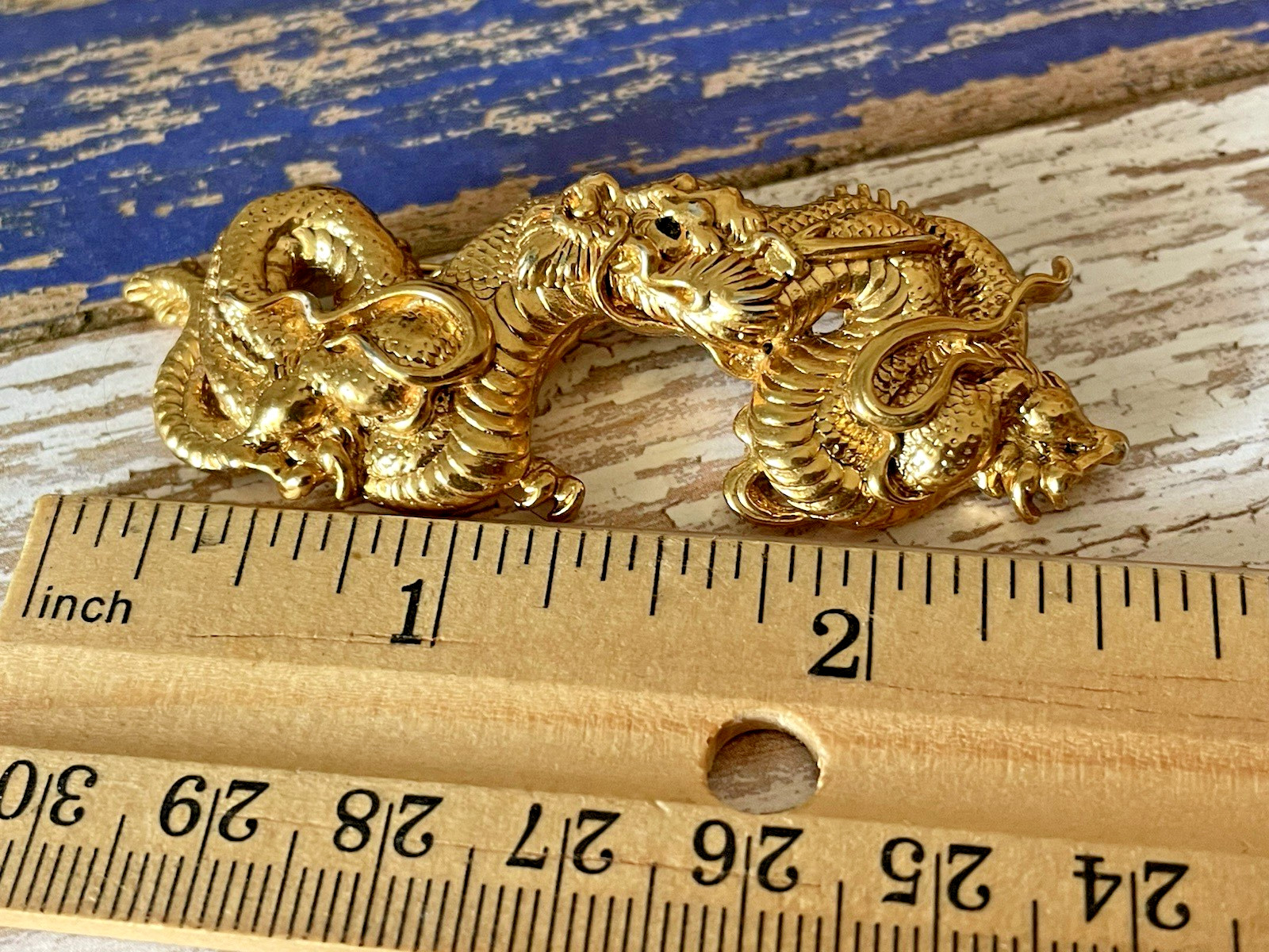 Vintage Alva Museum Replica Gold Tone Asian Menuki Dragon Brooch Pin
