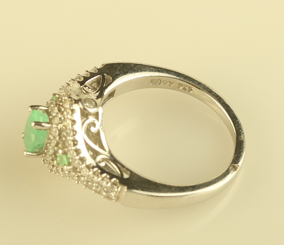 Vintage Sterling Silver Emerald & Crystal CZ Stone Halo Ring signed D’Joy