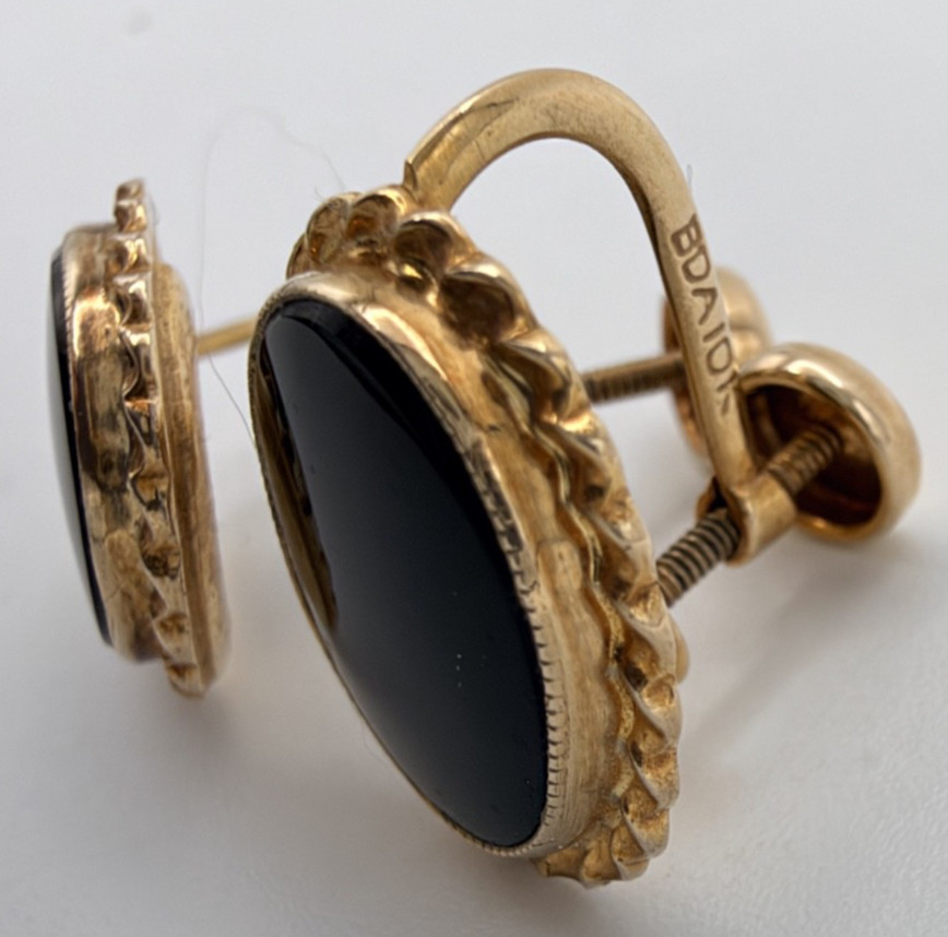 Vintage BDA 10K Gold Black Onyx Screw Back Earrings Oval Cabochon Estate 3.12g