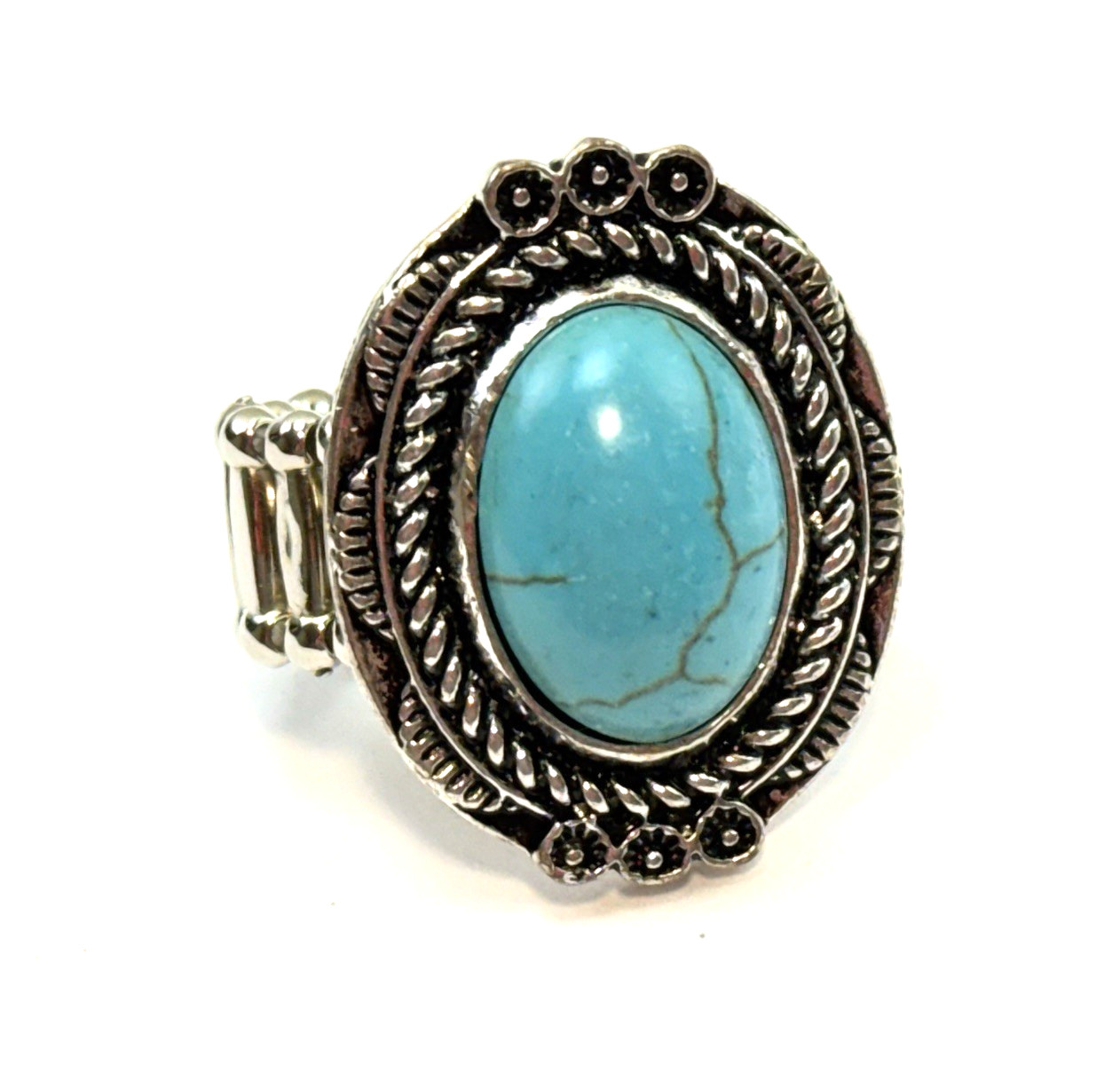Vintage Blue Faux Turquoise Stretch Band Ring Silver Tone Cocktail Size 8