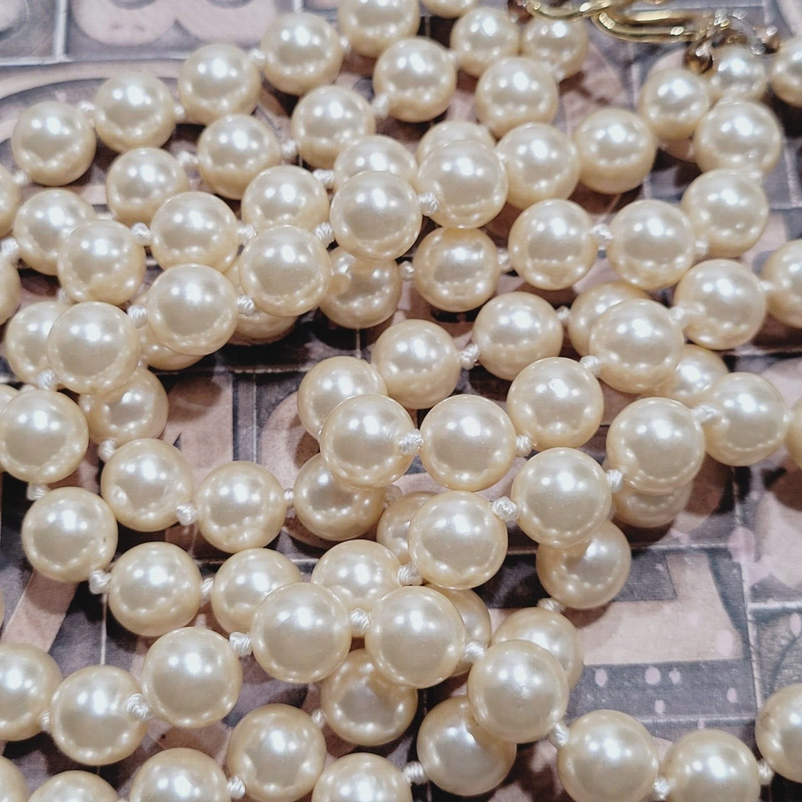 Triple Strand Off White Faux Pearl Knotted Necklace with Gold Tone Clasp 15 Inch