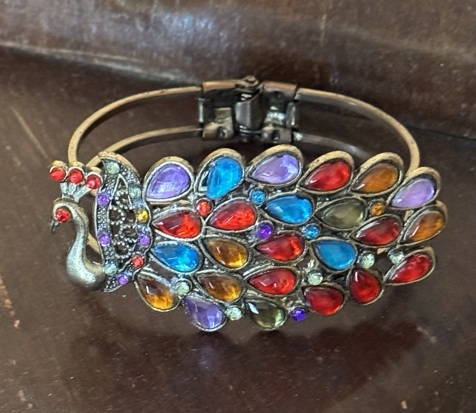Vtg Colorful Rhinestone Peacock Cuff Bracelet Hinge Open Bird Bangle Gold Tone