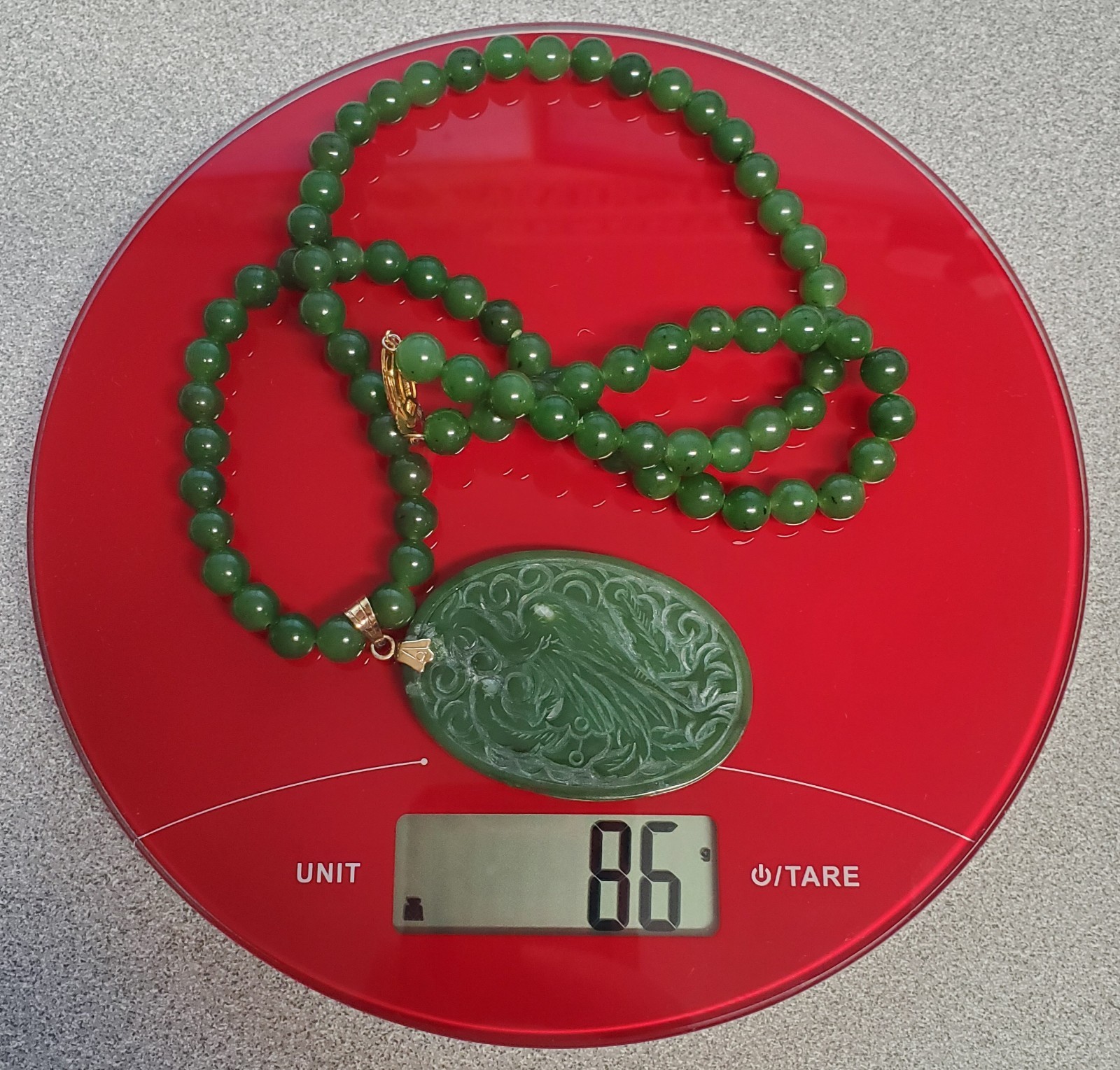 VTG 925 Spinach Jade Crane Dragon Pendant 24in Bead Necklace Carved Reversible