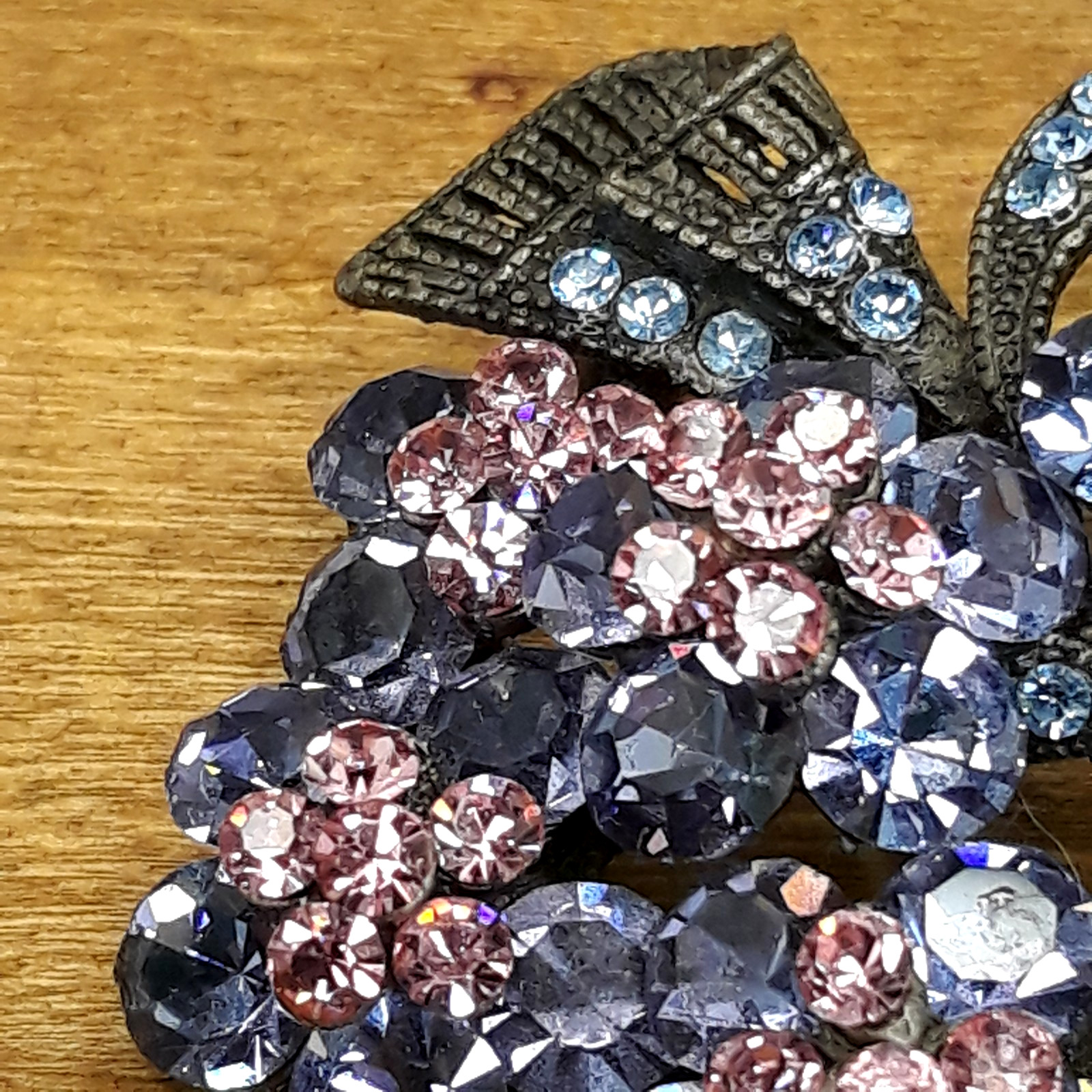 Vintage Pink & Blue Rhinestone Floral Bouquet Gunmetal Brooch 2.5″