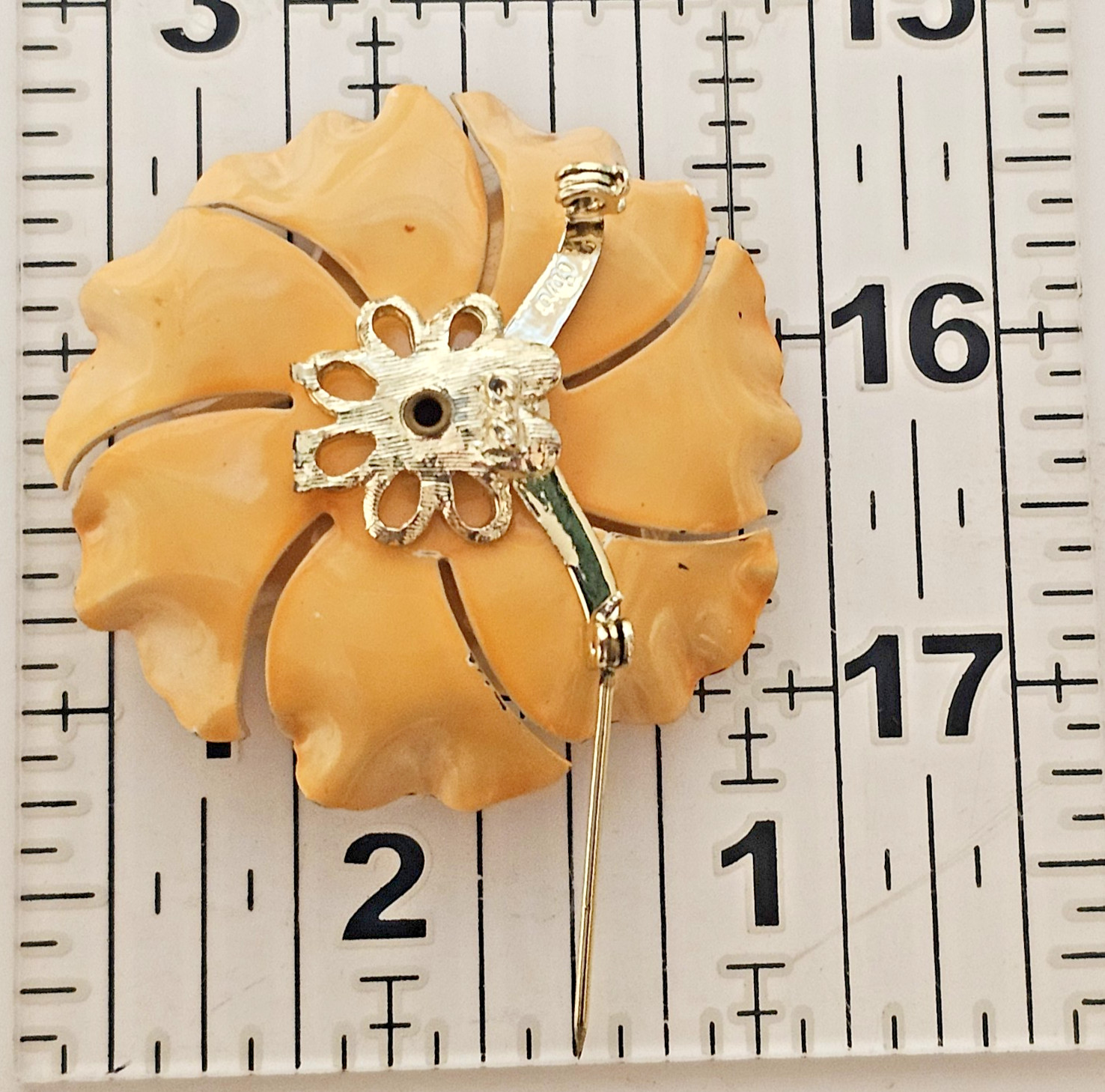 VTG Coro Yellow Poppy Flower Brooch 22 AB Rhinestones Glazed Enamel 2″ Retro MCM