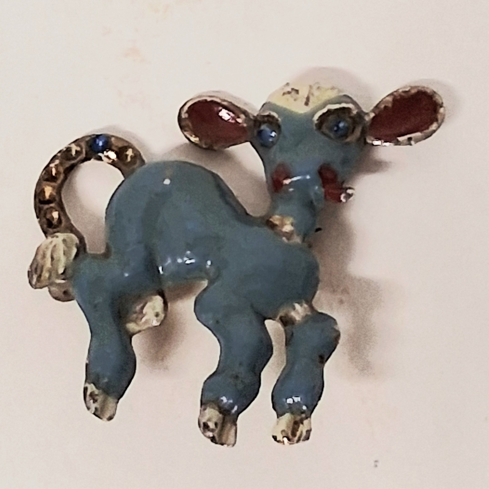 Vintage 1930’s Goldtone And Blue Enamel Cow Calf Brooch