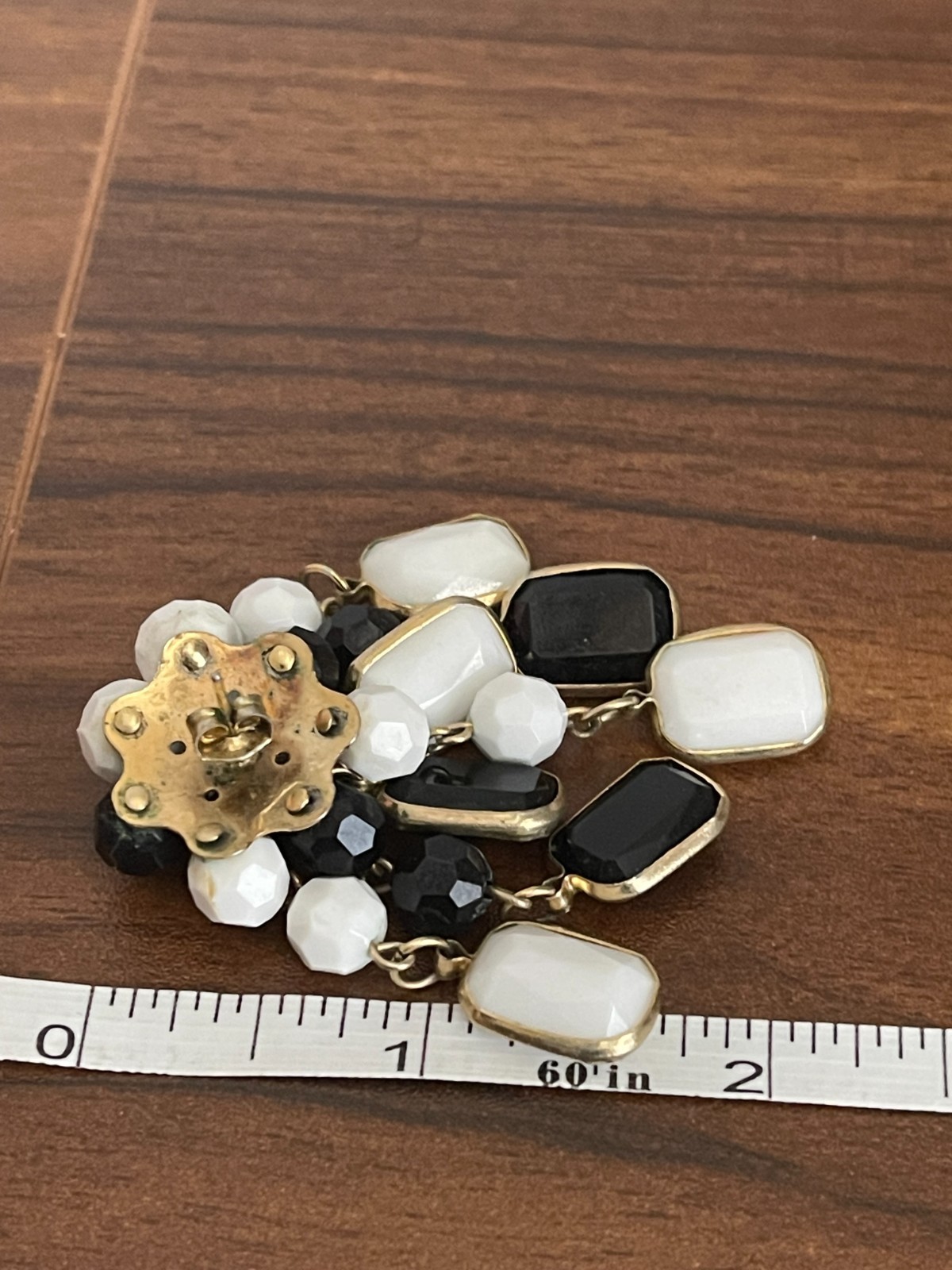 VTG 80s Runway clip waterfall Earrings chunky white Black Dangle lucite cluster