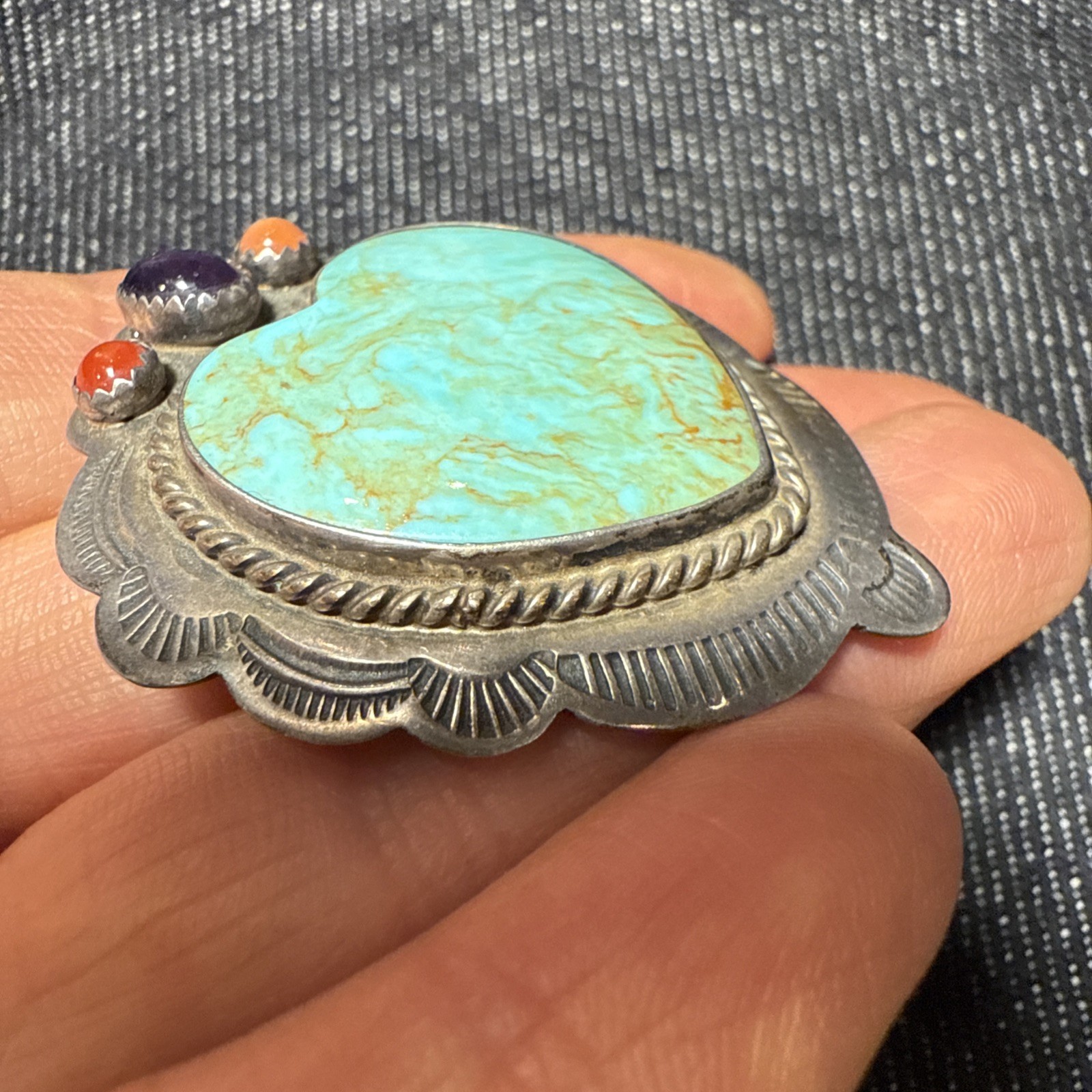 CM Gems Sterling Silver Turquoise Heart Removable Bail Pendant Brooch Spiny