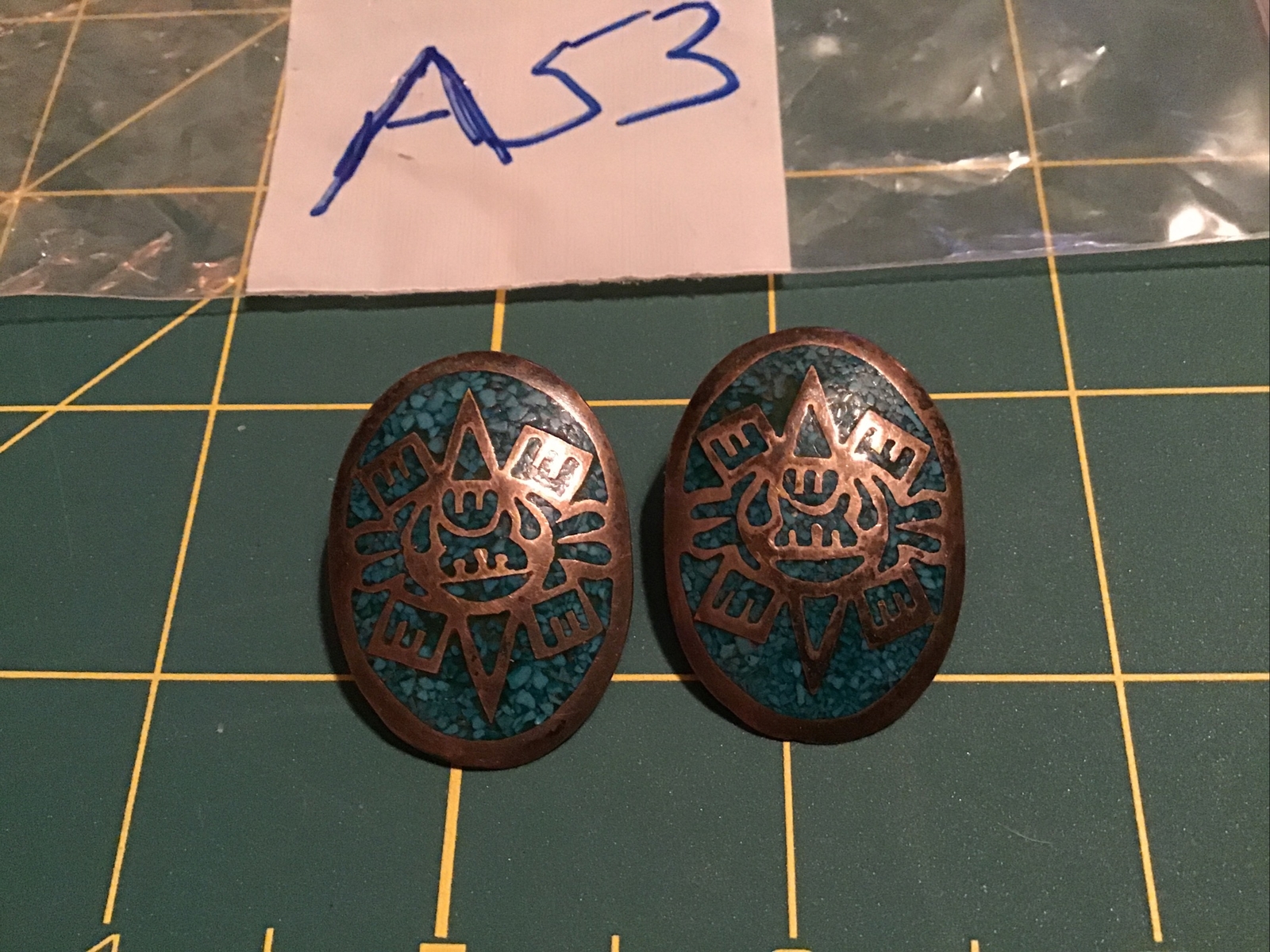 Vintage Sterling Silver Mexico Aztec Mayan Inlay Clip-On Earrings a53