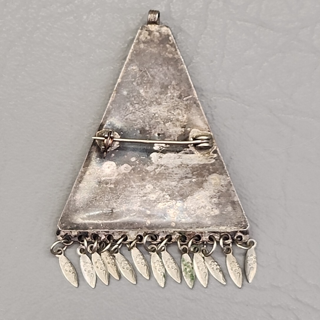 Vintage Triangle Pendant Filigree Cannetille Blue Glass Beads Silver Tone 2.5″