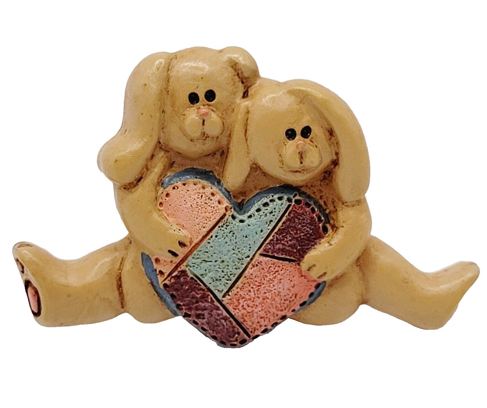 Two Bunny Rabbit Holding Quilted Quilt Heart Love Vintage Lapel Pin Small Brooch