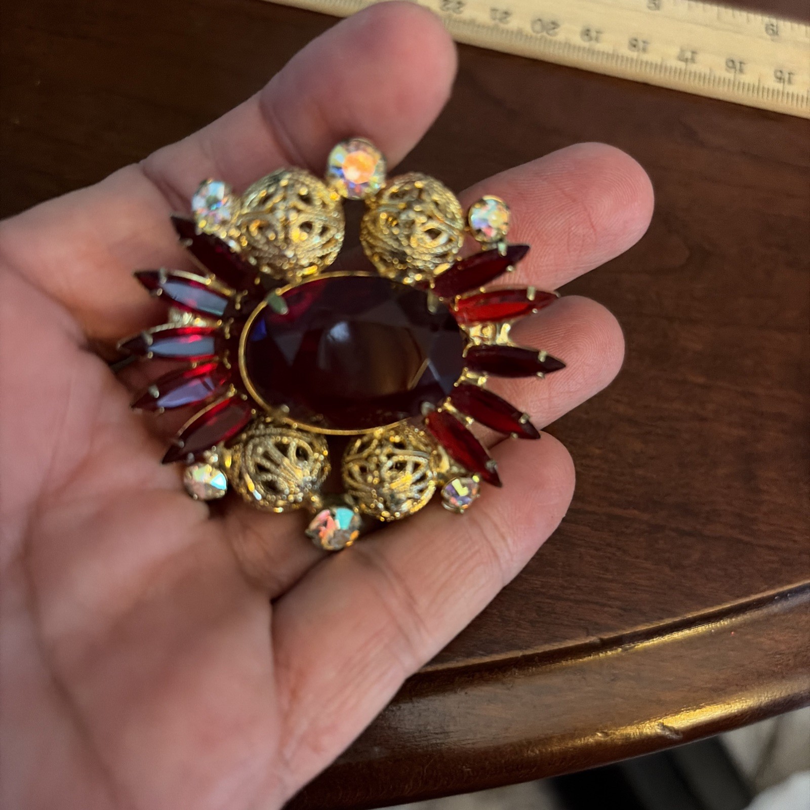 Vintage Juliana (Delizza & Elster) Red and Aurora Borealis Rhinestone Brooch Pin