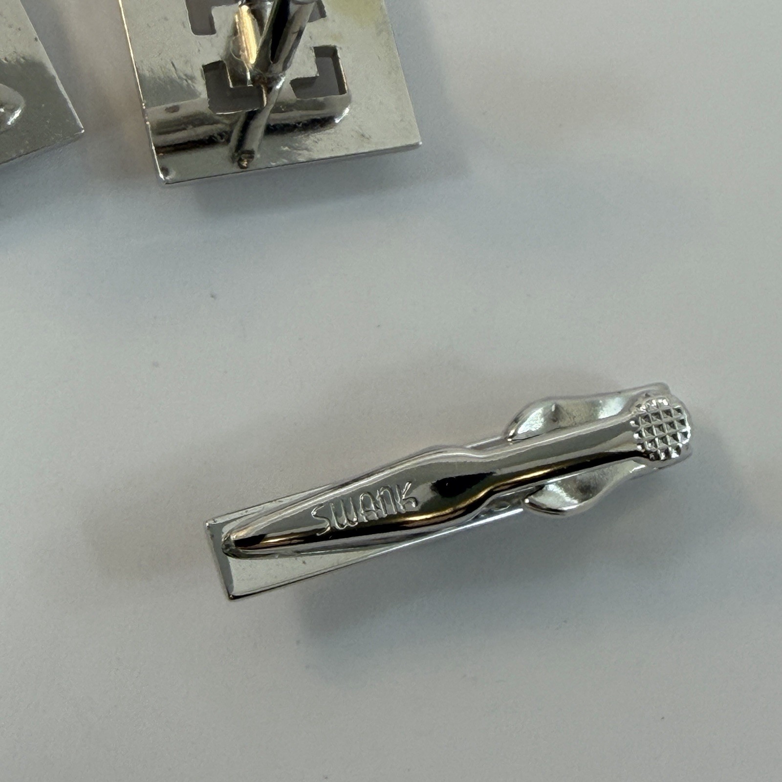 Swank Tie Clip and Cuff Links Set Brushed Silver Tone Onyx Stone