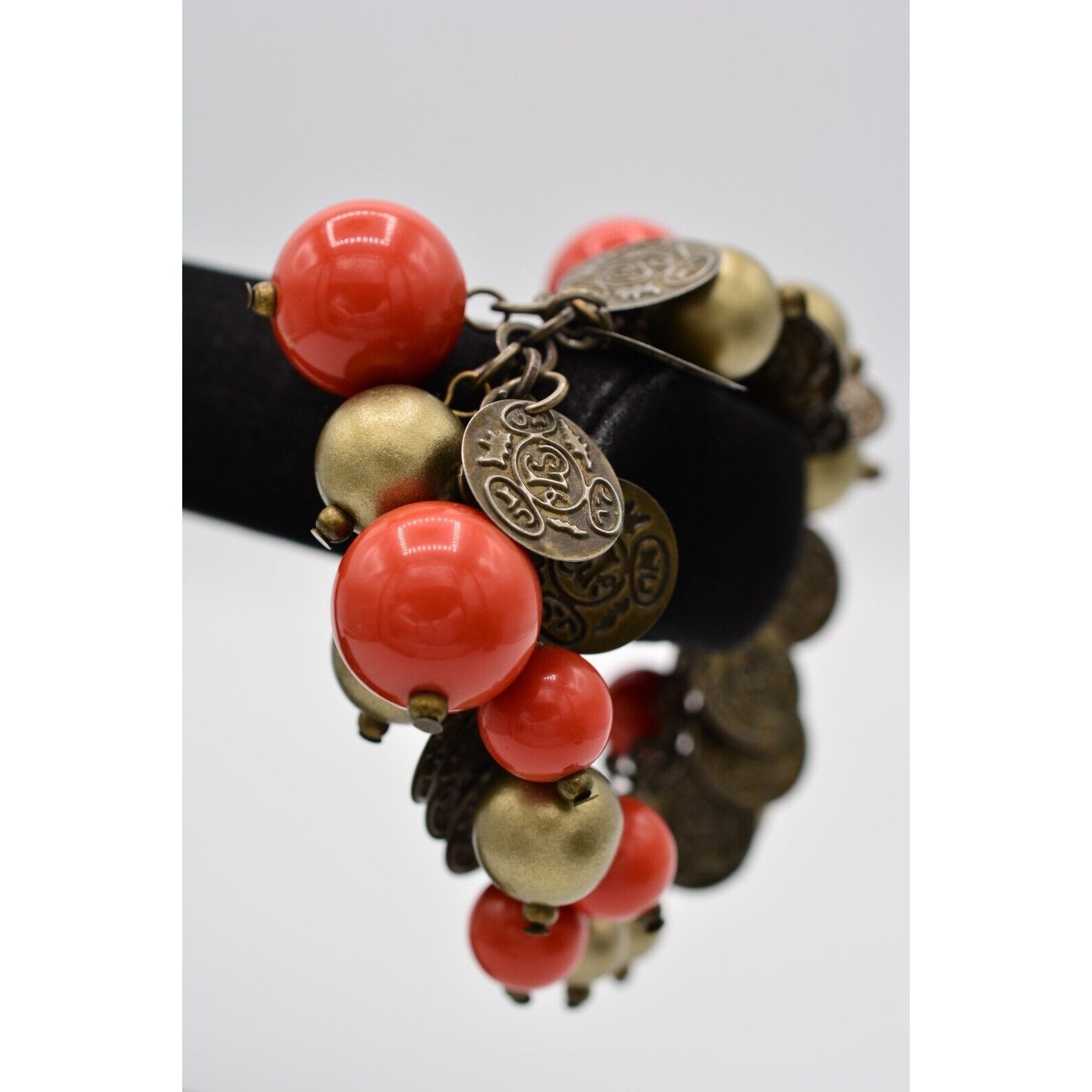 Vintage Dangle Coin Charm Bracelet Rustic Brass Orange Gold Beaded Chunky Bin7