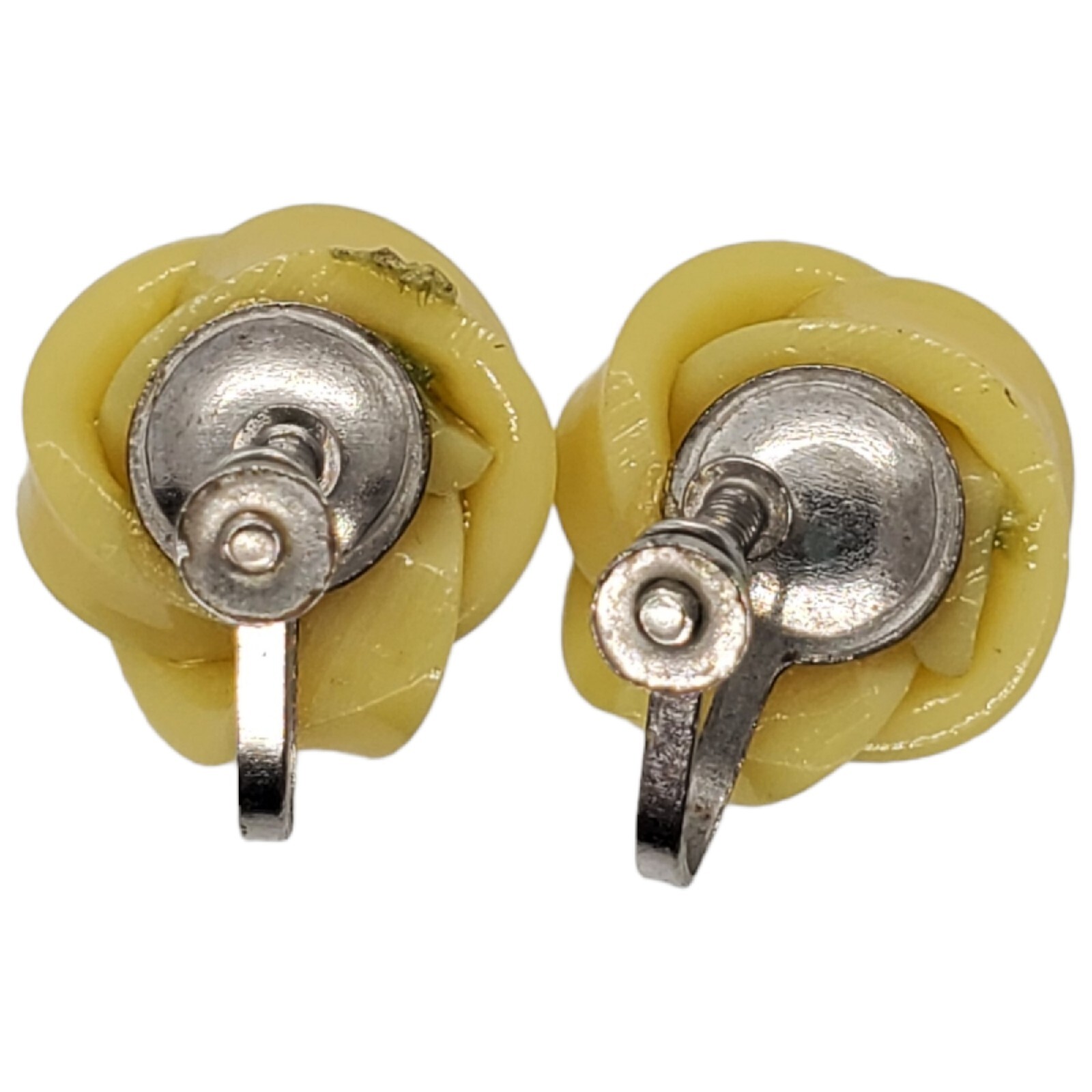 Vintage Celluloid Screw Back Earrings Yellow Rose Knot Silver Tone .5″