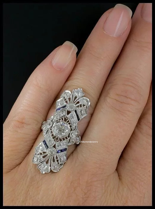 Glorious Long Art Deco Design With Old European Cut CZ & Blue Sapphire Fine Ring