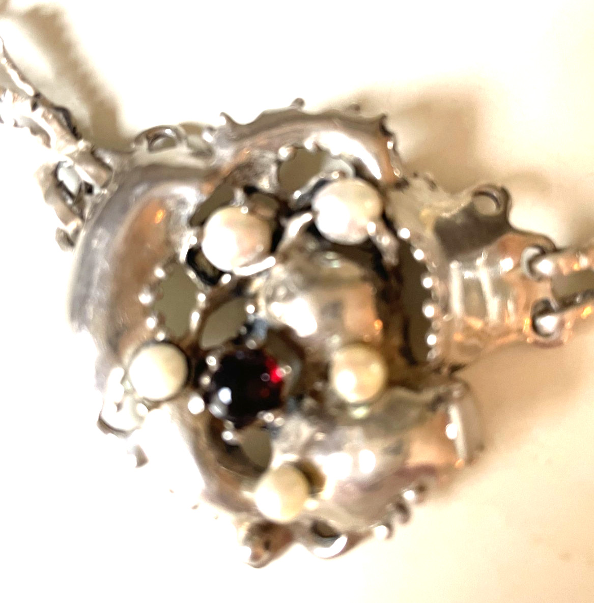 Vintage Brutalist Sterling Silver Necklace Pearl Garnet Organic Modernist 49g