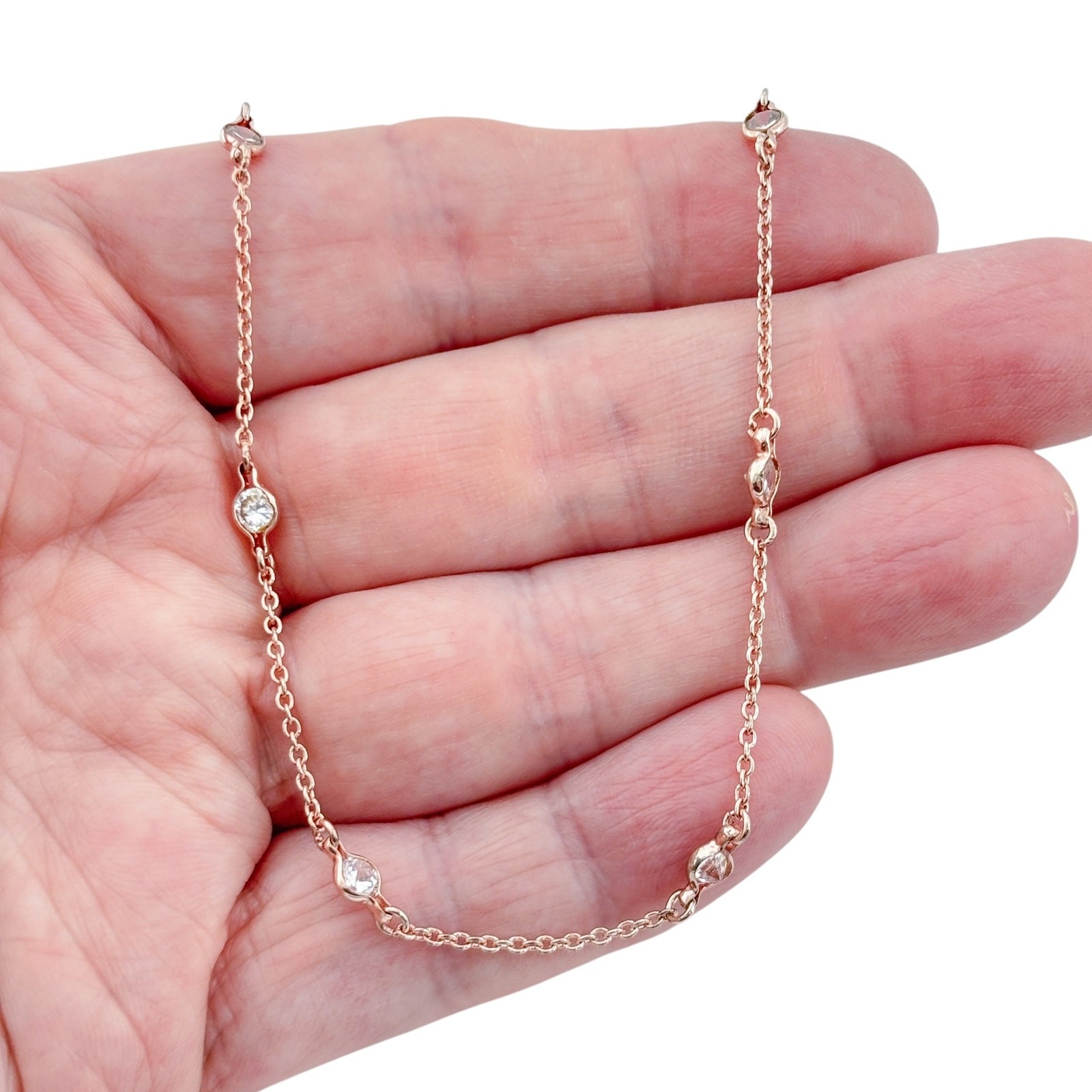 Vintage Sterling Silver 925 Rose Gold-Tone Cubic Zirconia Station Necklace 16″