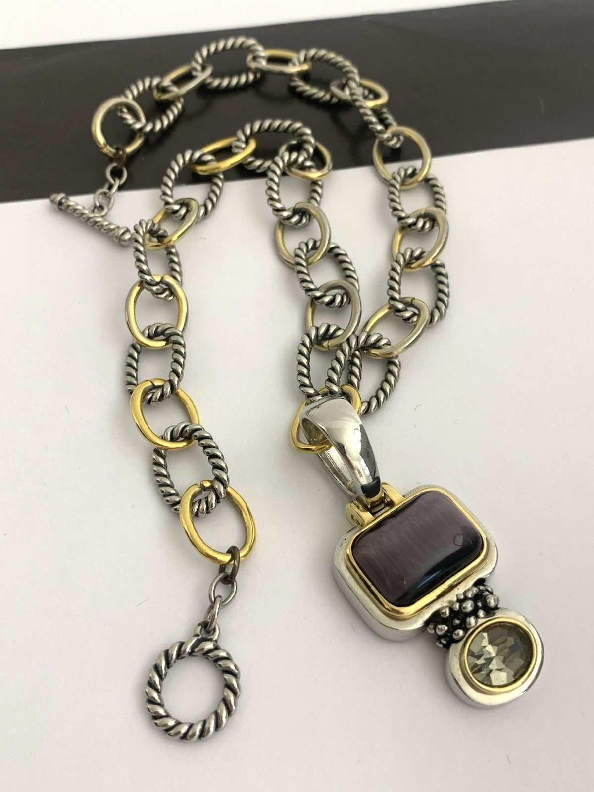 Vintage Silver and Gold Tone Cable Chunky Chain Necklace w/ Purple Stone Pendant