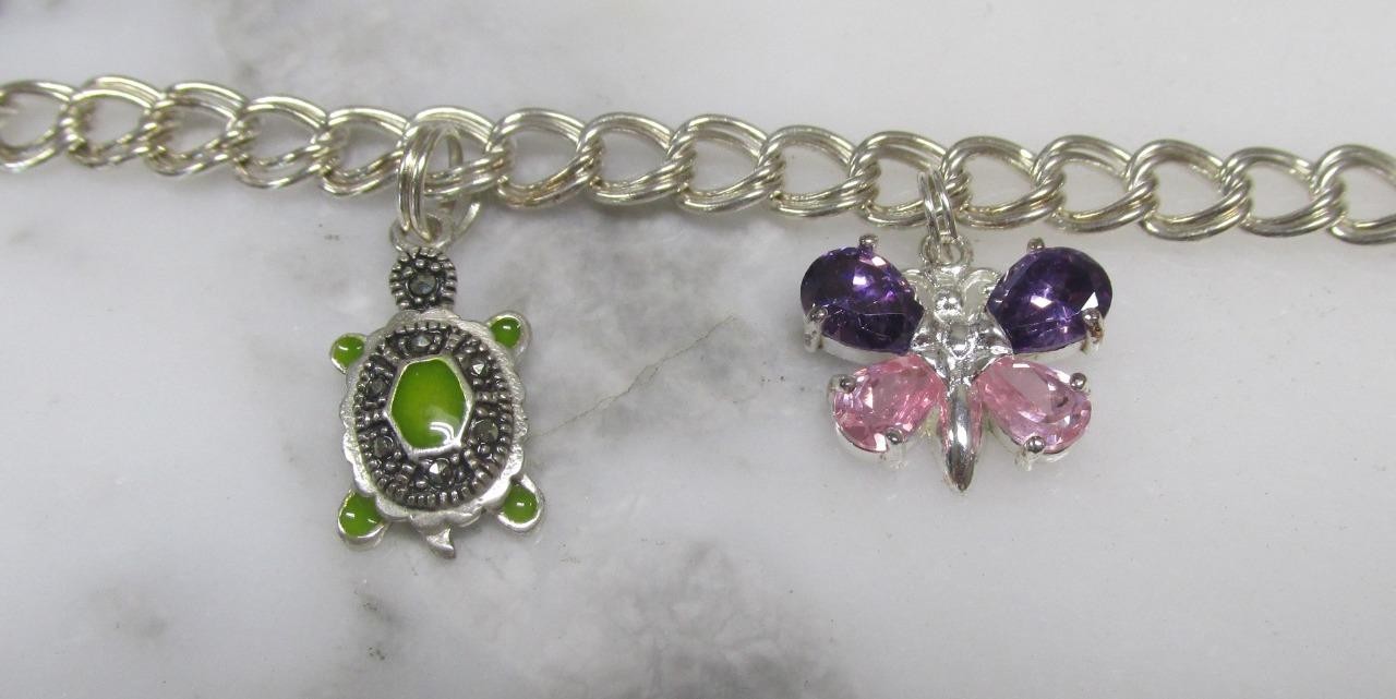 Sterling Silver Double Curb Link Bracelet w/ 5 Charms ~ 7-1/4″ ~ 15.6g ~ 3-D395